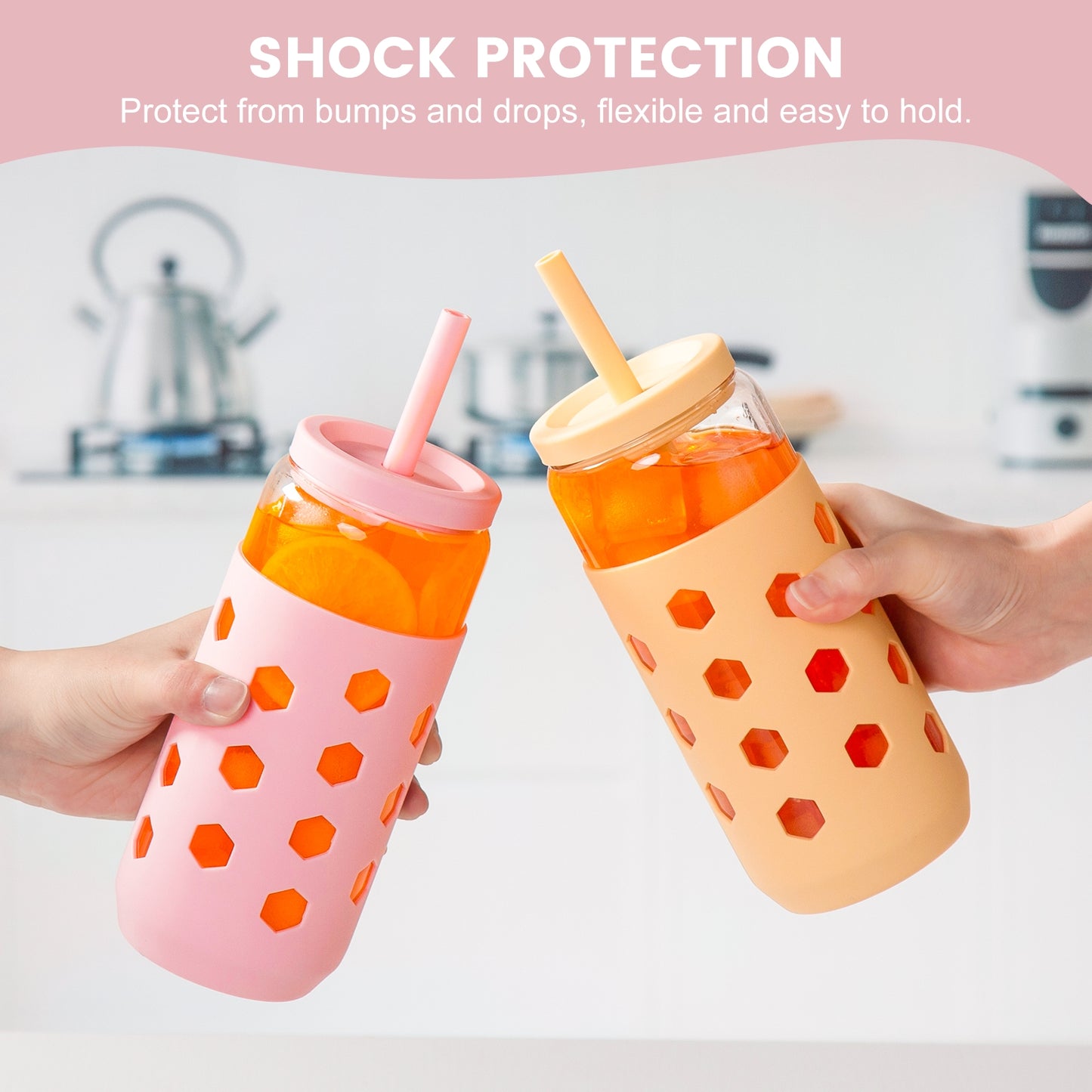 Micebay 20 oz Glass Cups With Lids and Straws, 4-Pack Iced Coffee Cup - Smoothie Cup With Silicone Lid and Sleeve for Coffee Bar Accessory, Cute Drinking Glasses Set Reusable Glass Tumbler for Gifts