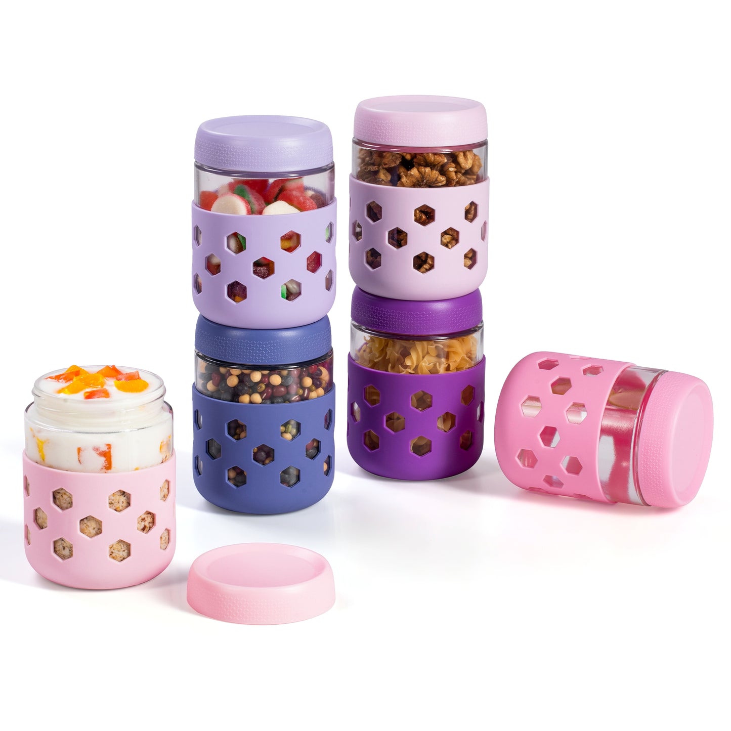 Micebay 6-Pack 16 oz Glass Mason Jars with Silicone Sleeves, Airtight BPA-Free Overnight Oats Containers with Lids, Dishwasher Safe Leak-Proof Meal Prep Jars for Chia Pudding, Yogurt, Snacks