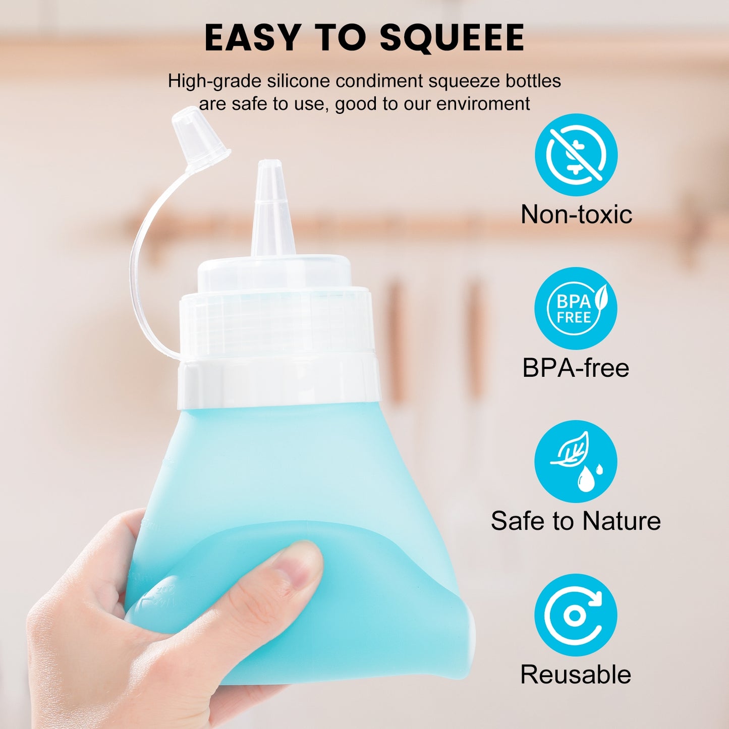 Micebay 16 oz Silicone Condiment Squeeze Bottles, Leak Proof, BPA Free, with Interchangeable Lids, Set of 4 for Oil, Honey, Dressing, Blue