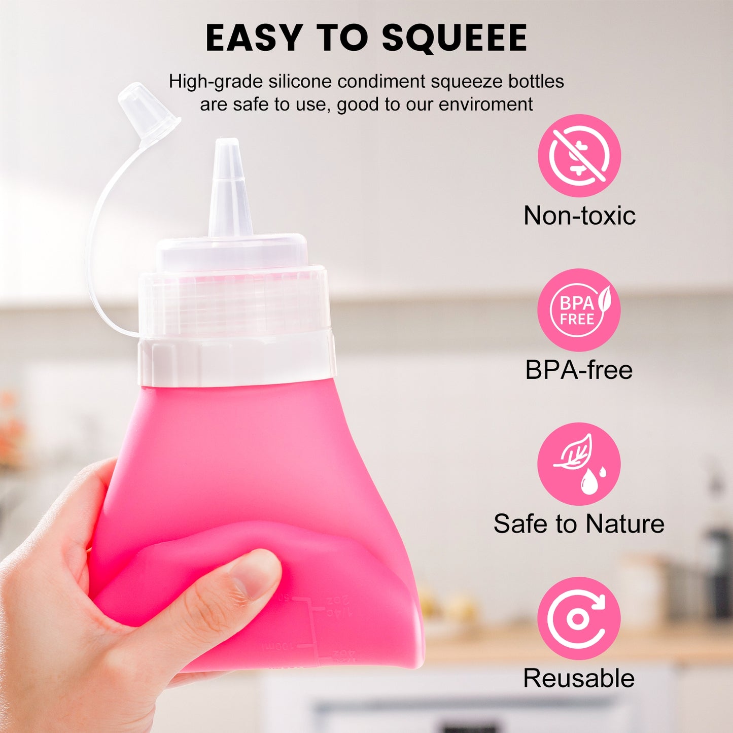 Micebay 16 oz Silicone Condiment Squeeze Bottles, Leak Proof, BPA Free, with Interchangeable Lids, Set of 4 for Oil, Honey, Dressing, Purple