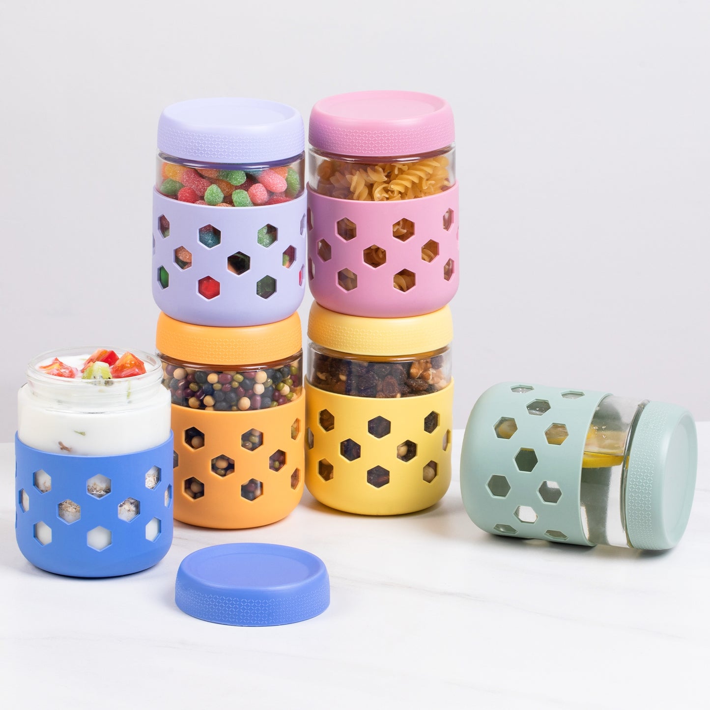 Micebay 6-Pack 16 oz Glass Mason Jars with Silicone Sleeves, Airtight BPA-Free Overnight Oats Containers with Lids, Dishwasher Safe Leak-Proof Meal Prep Jars for Chia Pudding, Yogurt, Snacks