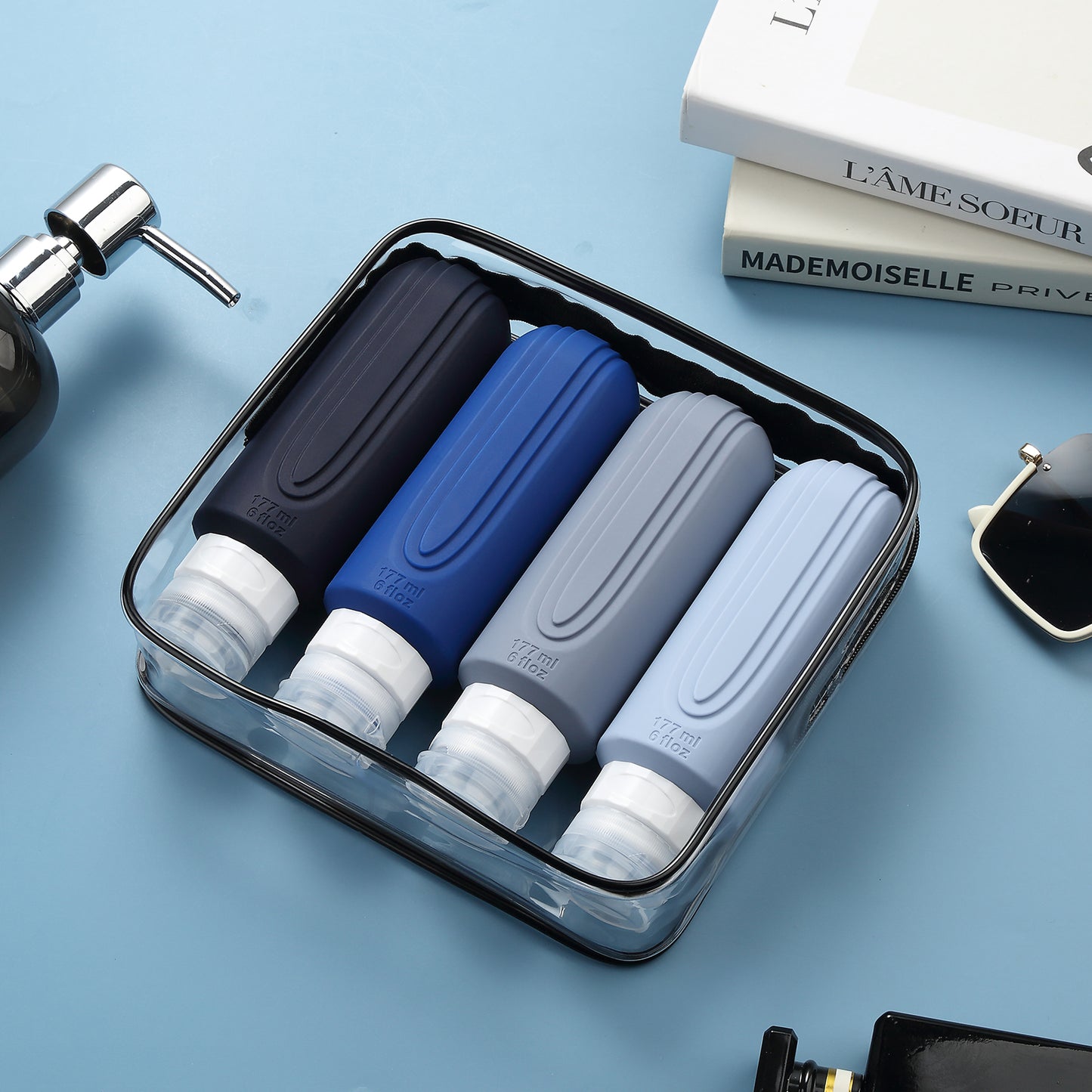 Micebay Leak-Proof 6-oz Silicone Squeezable Travel Bottles for Toiletries, Refillable Travel Size Containers, BPA Free, TSA Approved, Blue, 4 Pack