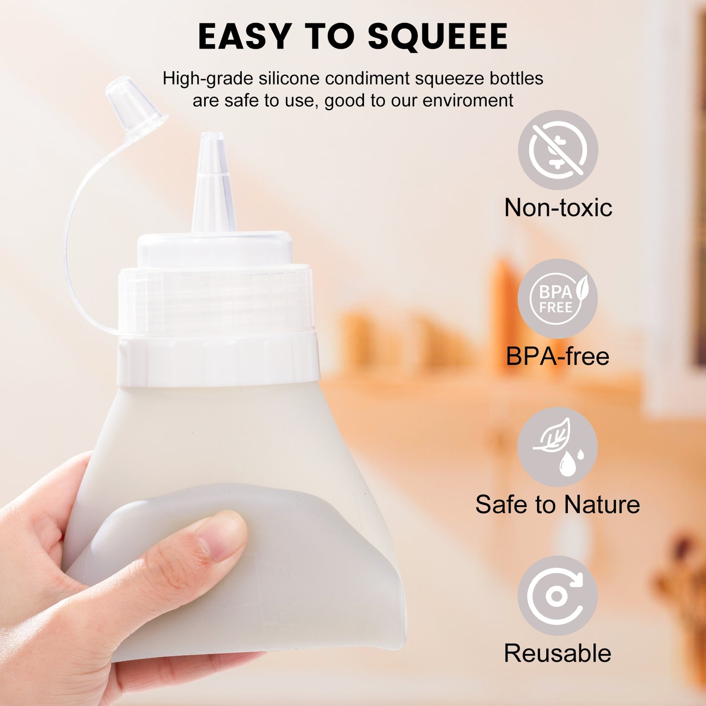 Micebay 16 oz Silicone Condiment Squeeze Bottles, Leak Proof, BPA Free, with Interchangeable Lids, Set of 4 for Oil, Honey, Dressing,Grey