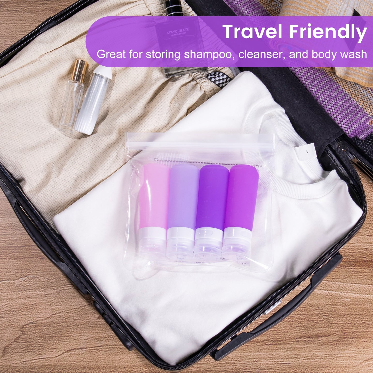 Micebay 3 oz Silicone Condiment Squeeze Bottles, Leakproof Mini Sauce Containers with Reusable Bag, 4-Pack for Meal Prep and Bento Boxes, Purple