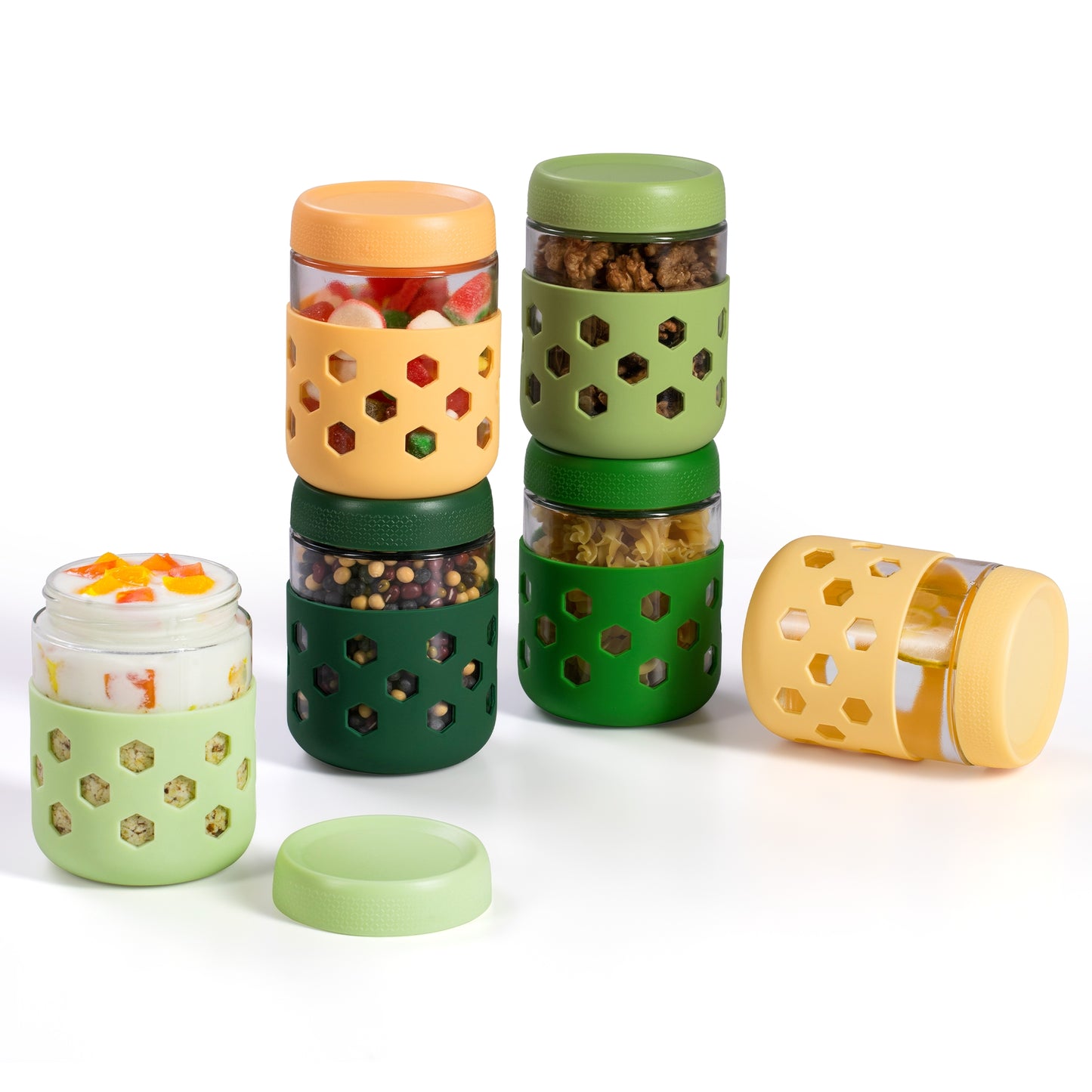 Micebay 6-Pack 16 oz Glass Mason Jars with Silicone Sleeves, Airtight BPA-Free Overnight Oats Containers with Lids, Dishwasher Safe Leak-Proof Meal Prep Jars for Chia Pudding, Yogurt, Snacks