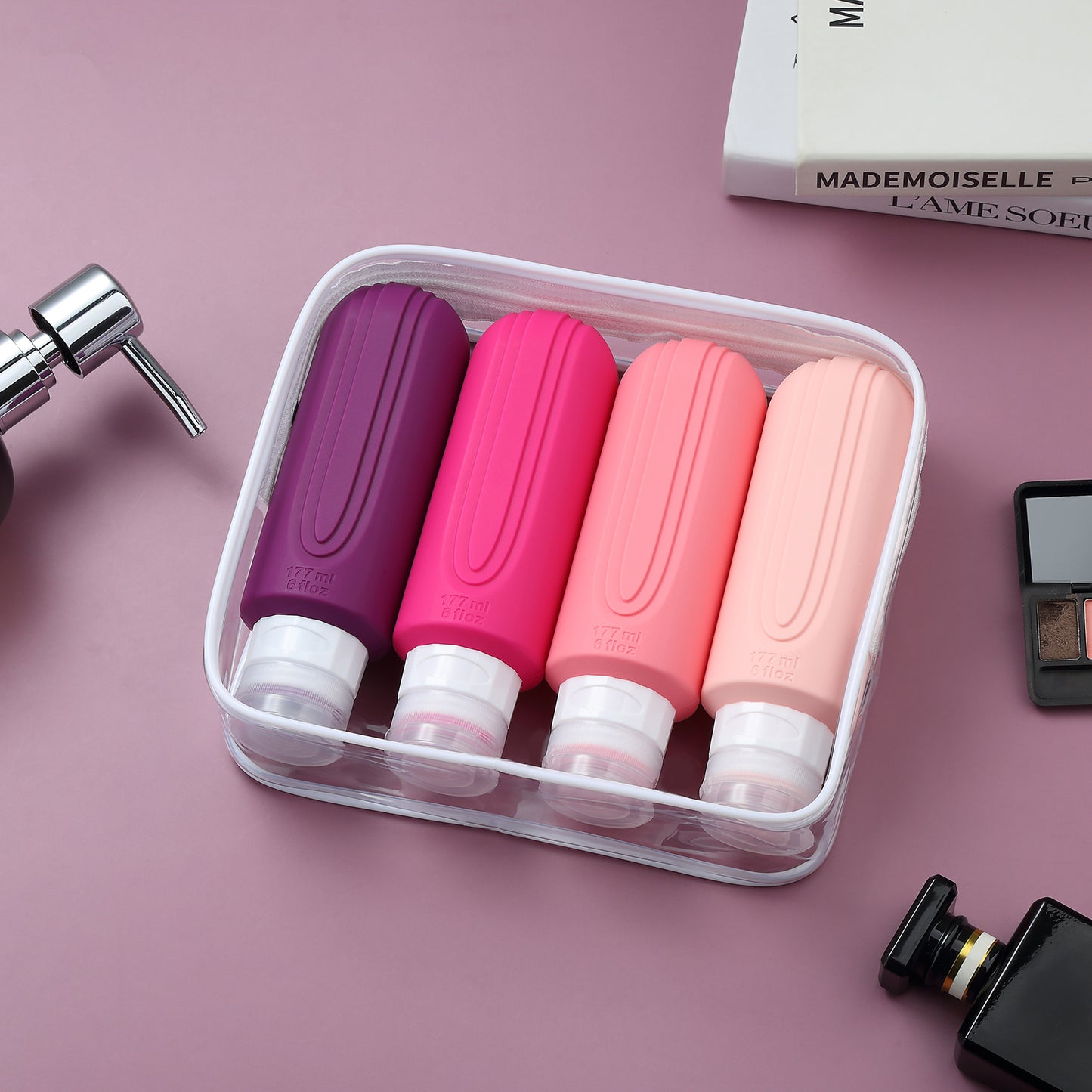 Micebay Leak-Proof 6-oz Silicone Squeezable Travel Bottles for Toiletries, Refillable Travel Size Containers, BPA Free, TSA Approved, Dark-purple, 4 Pack