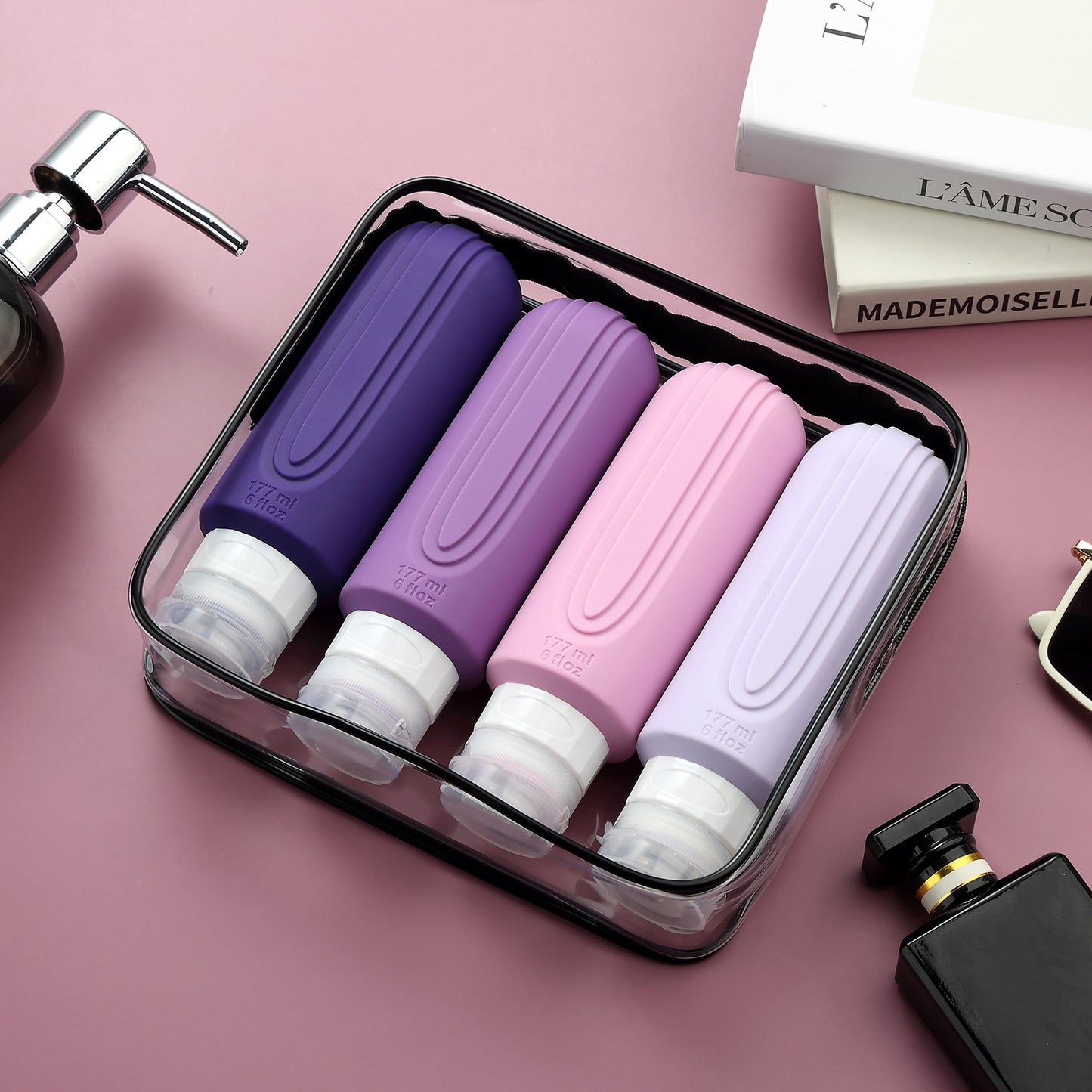Micebay Leak-Proof 6-oz Silicone Squeezable Travel Bottles for Toiletries, Refillable Travel Size Containers, BPA Free, TSA Approved, Purple, 4 Pack