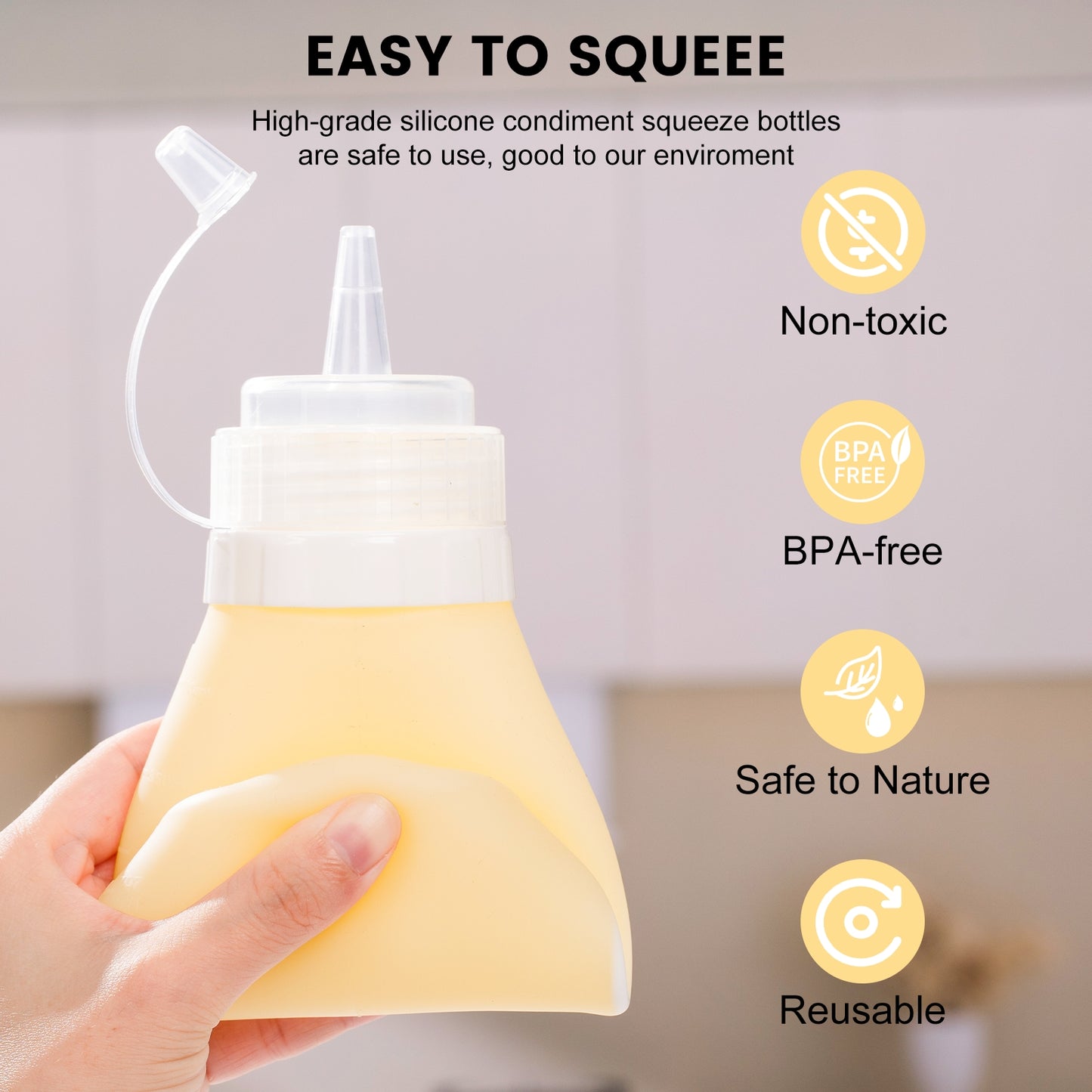 Micebay 16 oz Silicone Condiment Squeeze Bottles, Leak Proof, BPA Free, with Interchangeable Lids, Set of 4 for Oil, Honey, Dressing, Cream