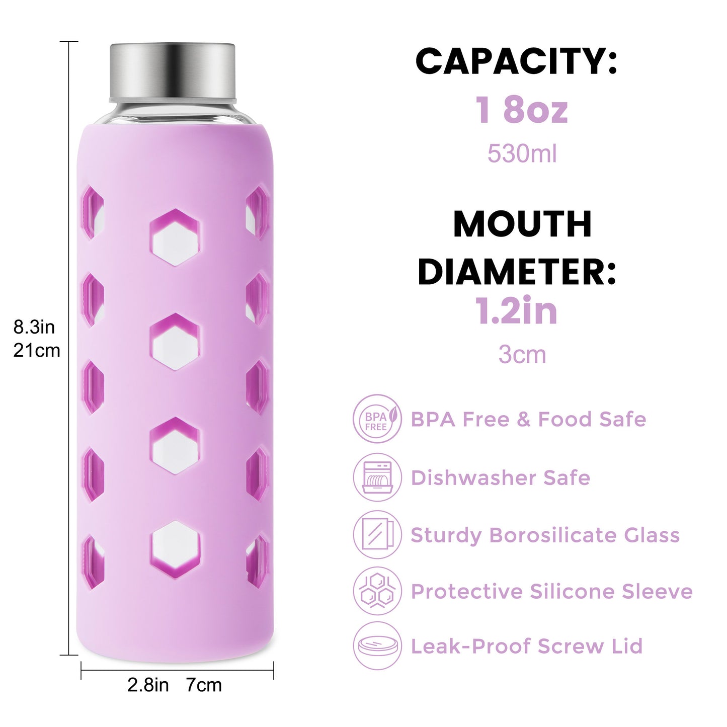 Micebay Glass Juice Bottles with Lids and Silicone Sleeves 18 oz, 4-Pack Reusable Clear Glass Water Bottles with Stainless Steel Airtight Cap for Juicing, Refrigerator, BPA Free Leak-Proof Drinking Jar