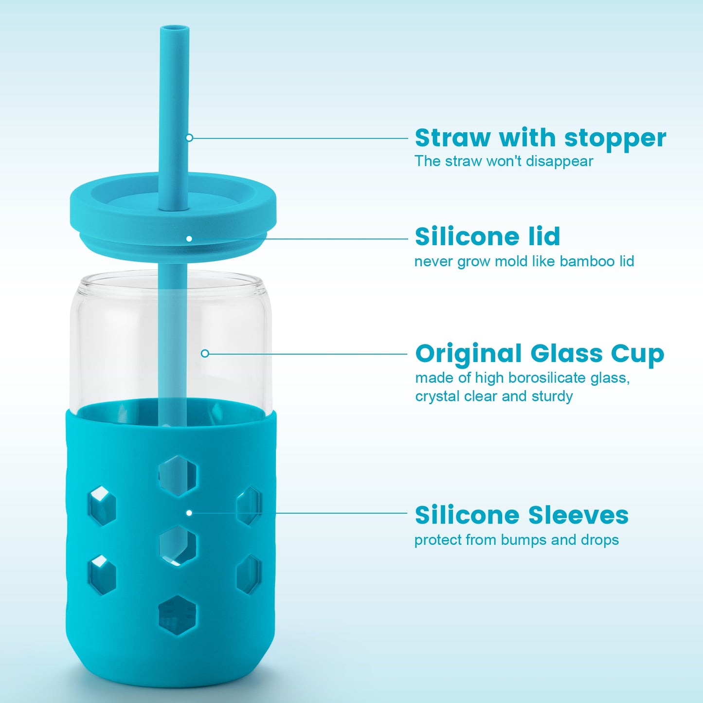 Micebay Glass Cups with Silicone Lids and Straws (4 Pcs), 16oz Drinking Glasses Set with Silicone Sleeves for Coffee Bar Accessories Iced Coffee Cups with Lids, Glass Tumbler Reusable for Gifts