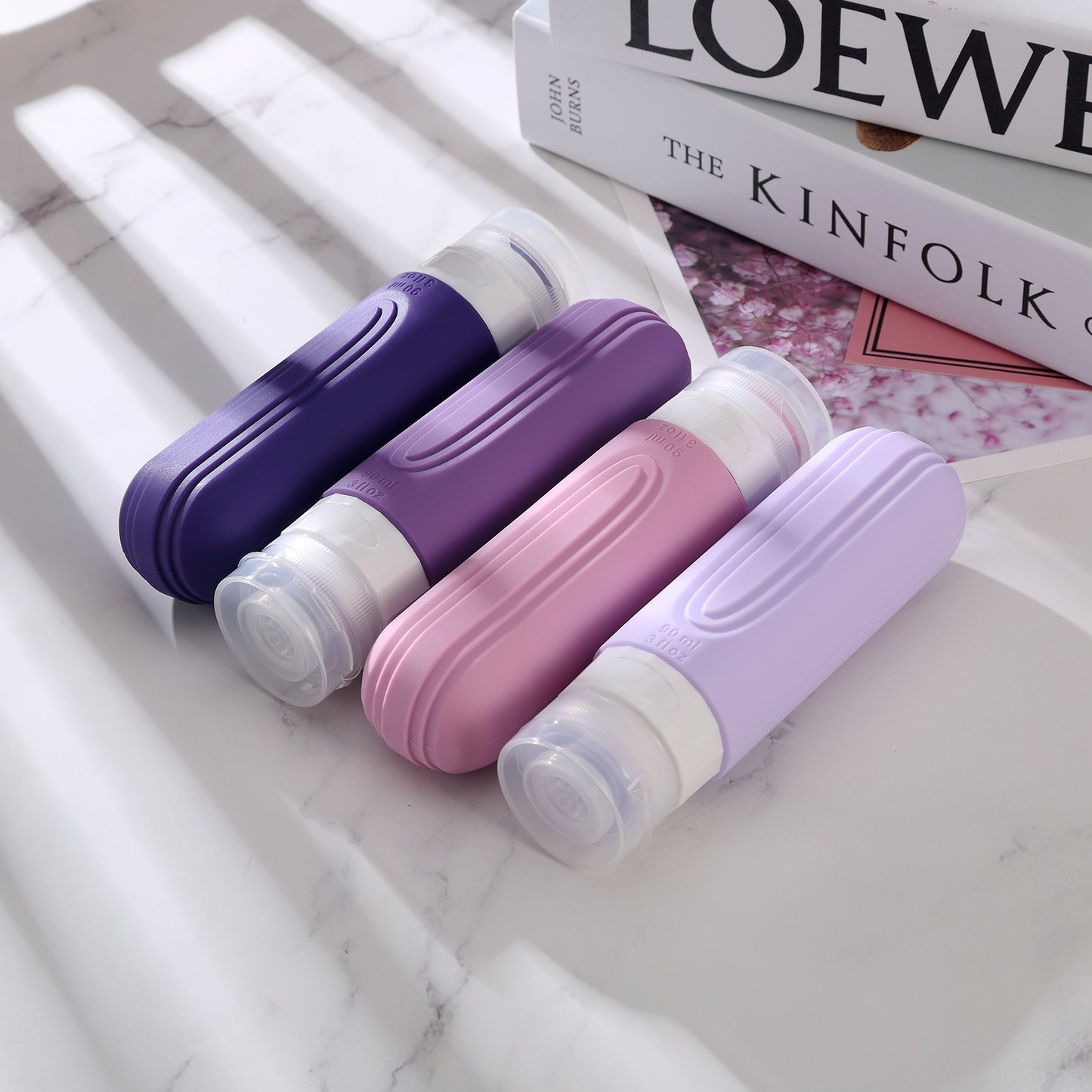 Micebay Leak-Proof 3-oz Silicone Squeezable Travel Bottles for Toiletries, Refillable Travel Size Containers, BPA Free, TSA Approved, Purple, 4 Pack