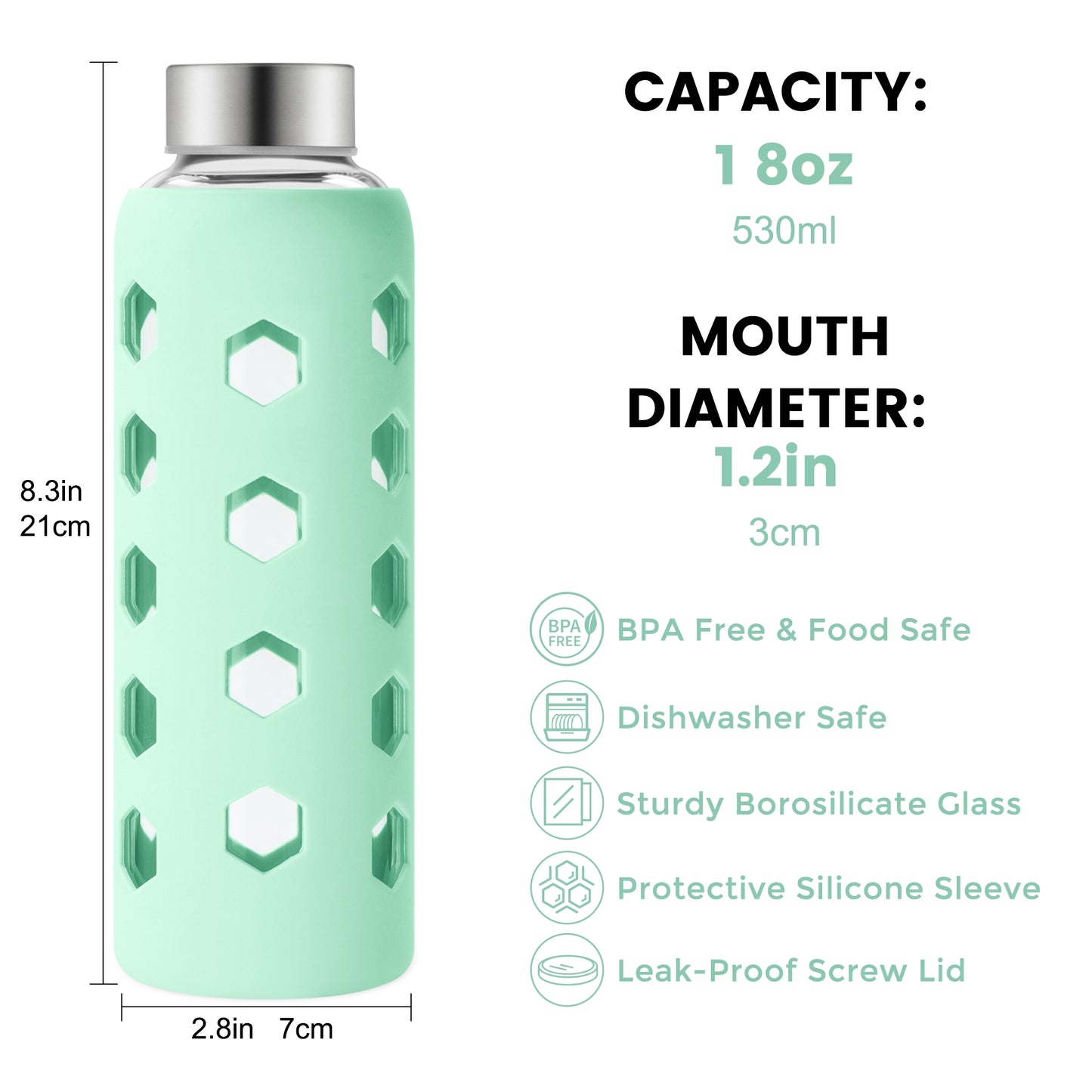 Micebay Glass Juice Bottles with Lids and Silicone Sleeves 18 oz, 4-Pack Reusable Clear Glass Water Bottles with Stainless Steel Airtight Cap for Juicing, Refrigerator, BPA Free Leak-Proof Drinking Jar