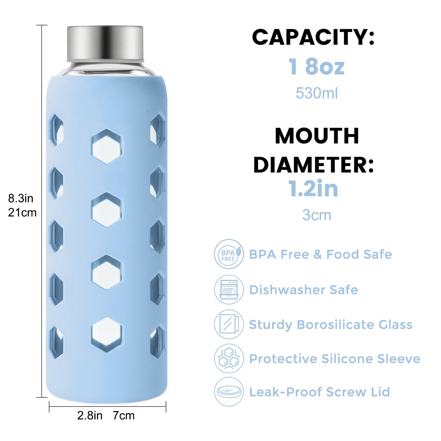 Micebay Glass Juice Bottles with Lids and Silicone Sleeves 18 oz, 4-Pack Reusable Clear Glass Water Bottles with Stainless Steel Airtight Cap for Juicing, Refrigerator, BPA Free Leak-Proof Drinking Jar