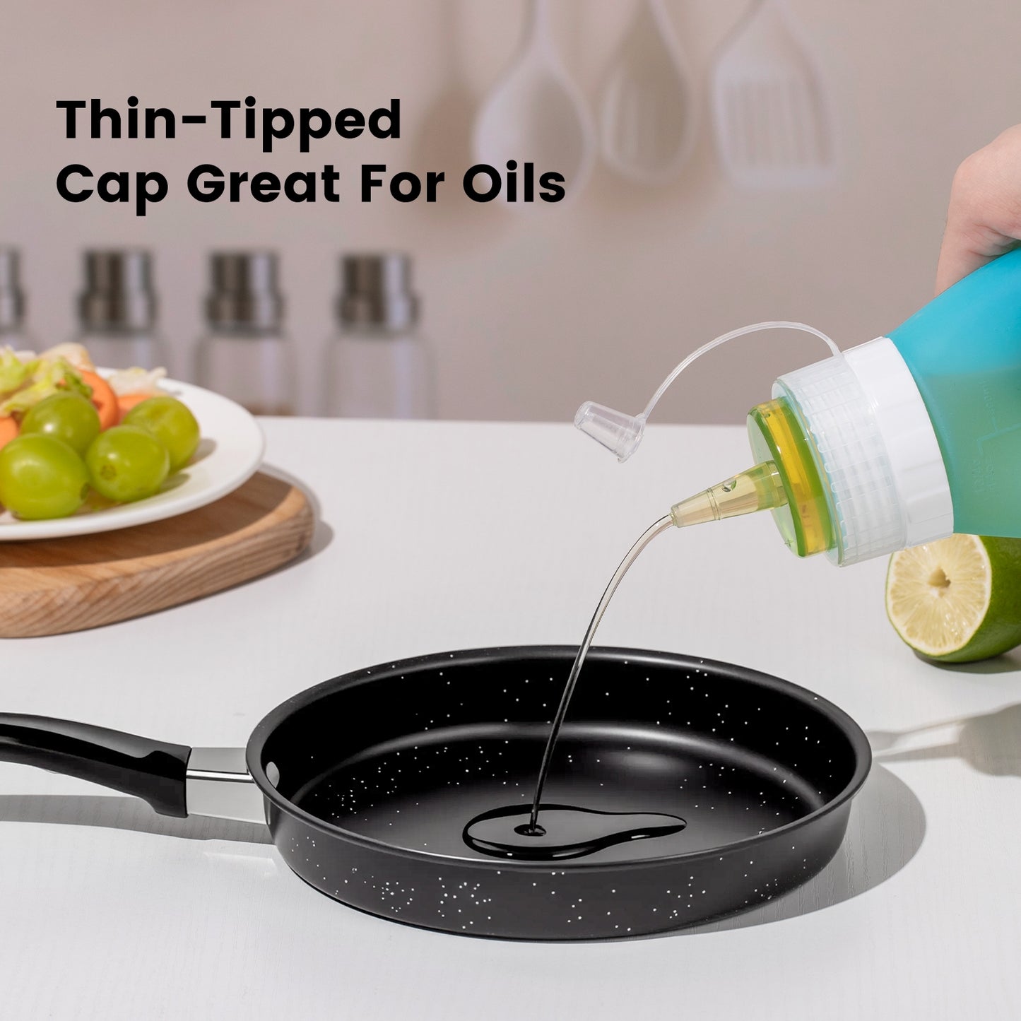 Micebay 16 oz Silicone Condiment Squeeze Bottles, Leak Proof, BPA Free, with Interchangeable Lids, Set of 4 for Oil, Honey, Dressing, Blue