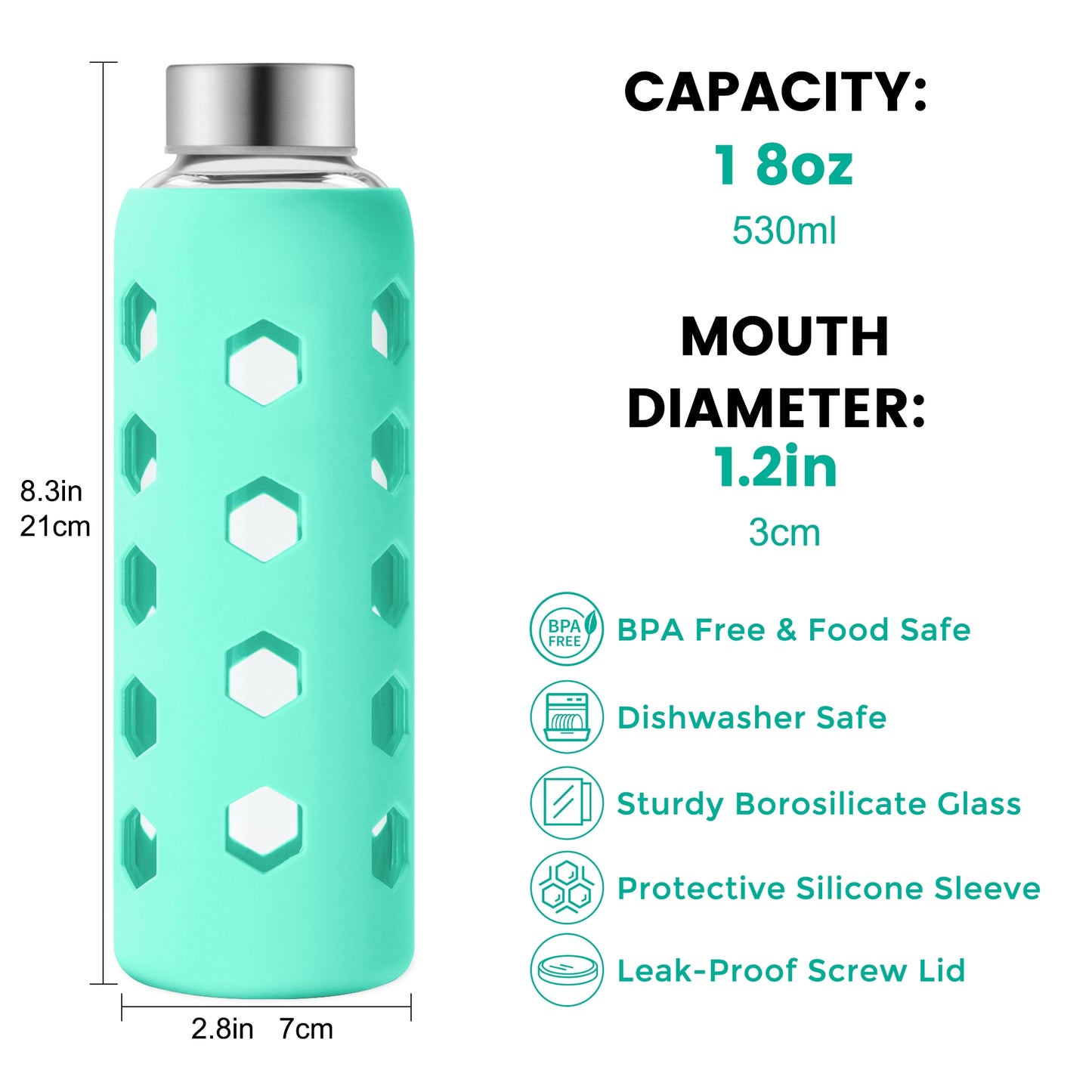 Micebay Glass Juice Bottles with Lids and Silicone Sleeves 18 oz, 4-Pack Reusable Clear Glass Water Bottles with Stainless Steel Airtight Cap for Juicing, Refrigerator, BPA Free Leak-Proof Drinking Jar