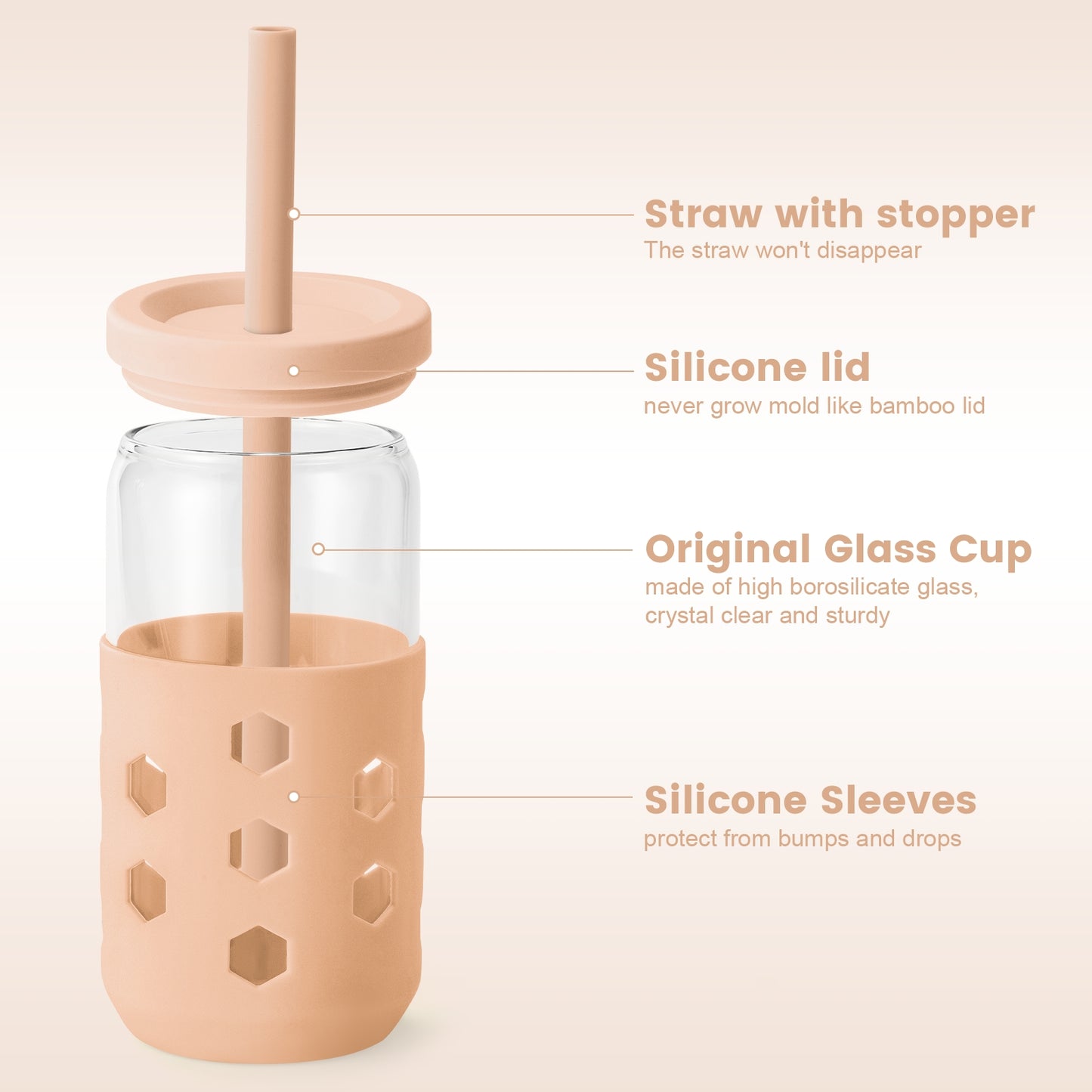 Micebay Glass Cups with Lids and Straws (4 Pack), 16oz Drinking Glasses Set with Silicone Sleeves for Coffee Bar Accessories Iced Coffee Cups with Lids, Glass Tumbler Reusable for Gifts