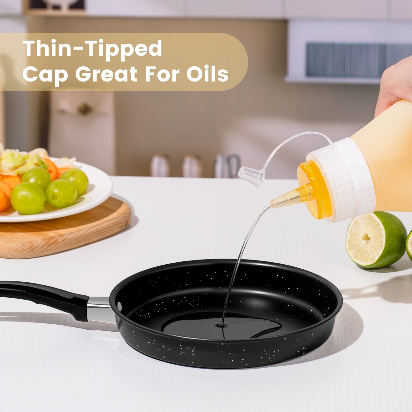 Micebay 16 oz Silicone Condiment Squeeze Bottles, Leak Proof, BPA Free, with Interchangeable Lids, Set of 4 for Oil, Honey, Dressing, Cream