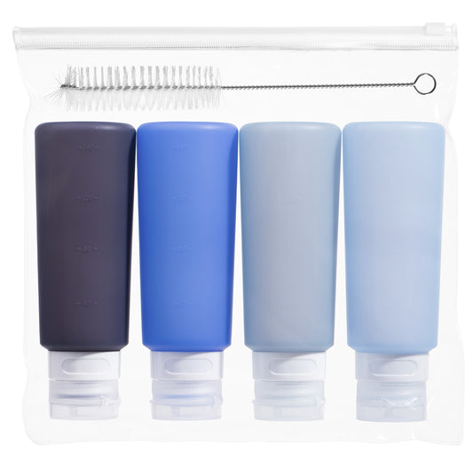 MICEBAY Condiment Squeeze Bottles for Sauces, 6-oz Small Silicone Salad Dressing Container to Go with Snack Storage Bag, Leakproof Sauce Bottles for Lunch Box, 4 Pack, Blue