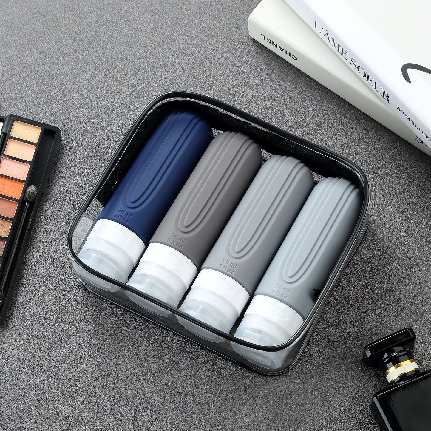 Micebay Leak-Proof 3-oz Silicone Squeezable Travel Bottles for Toiletries, Refillable Travel Size Containers, BPA Free, TSA Approved, Navy-Gray, 4 Pack
