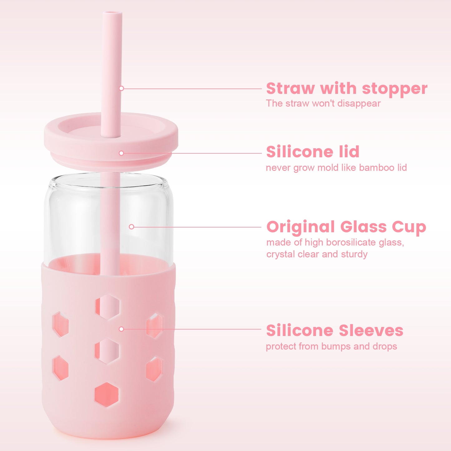 Micebay Glass Cups with Silicone Lids and Straws (4 Pcs), 16oz Drinking Glasses Set with Silicone Sleeves for Coffee Bar Accessories Iced Coffee Cups with Lids, Glass Tumbler Reusable for Gifts