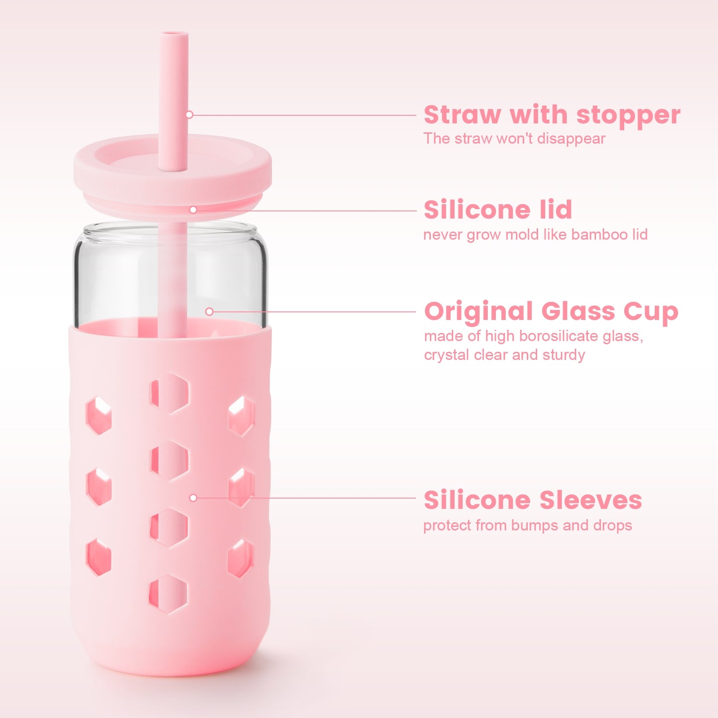 Micebay 20 oz Glass Cups With Lids and Straws, 4-Pack Iced Coffee Cup - Smoothie Cup With Silicone Lid and Sleeve for Coffee Bar Accessory, Cute Drinking Glasses Set Reusable Glass Tumbler for Gifts