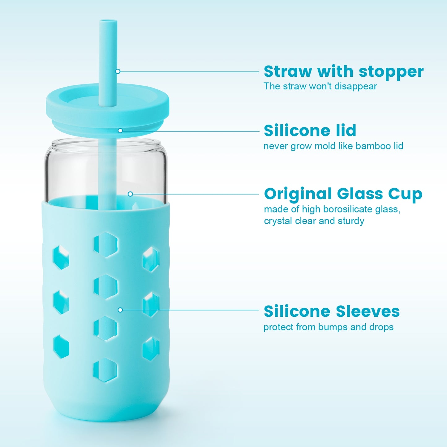 Micebay Glass Cups with Lids and Straws (4 Pcs), 20oz Drinking Glasses Set with Silicone Sleeves for Coffee Bar Accessories Iced Coffee Cups with Lids, Glass Tumbler Reusable for Gifts