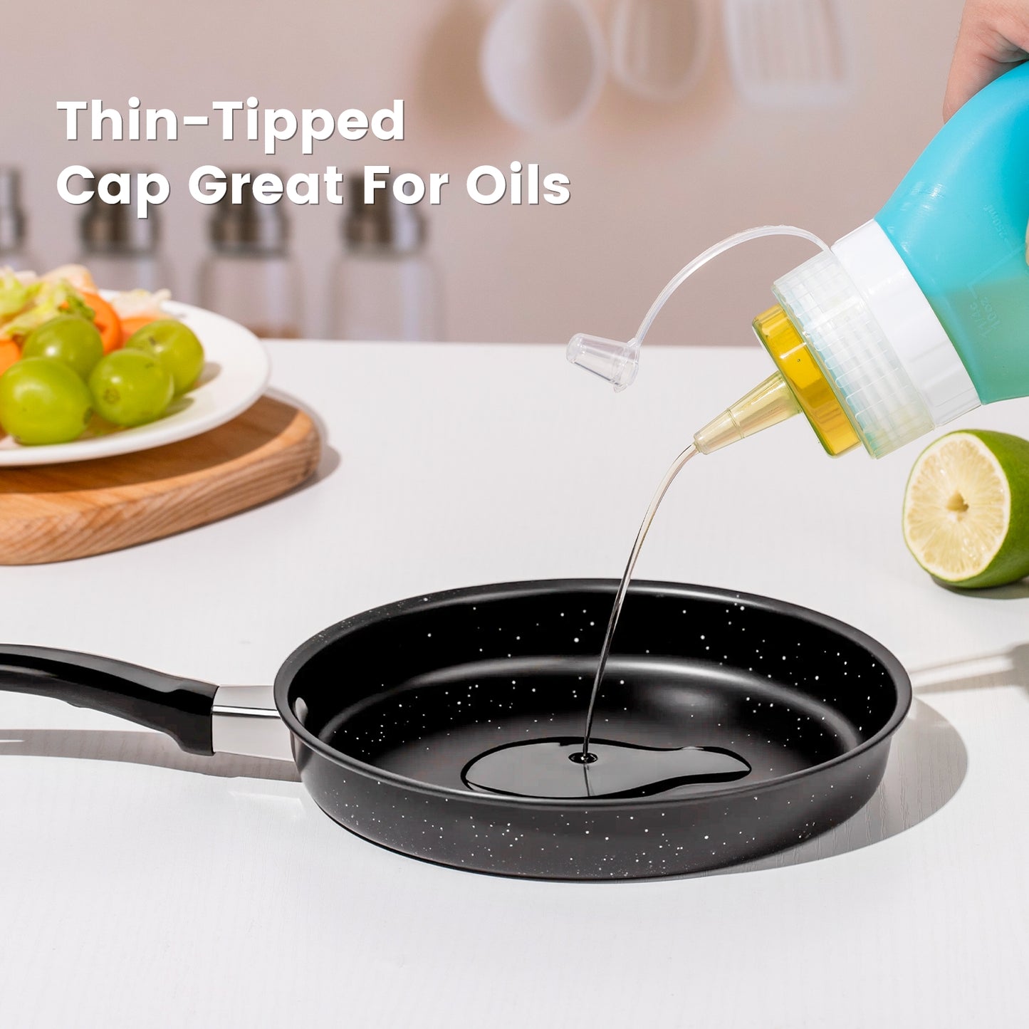 Micebay 12 oz Silicone Condiment Squeeze Bottles, Leak Proof, BPA Free, with Interchangeable Lids, Set of 4 for Oil, Honey, Dressing, Blue