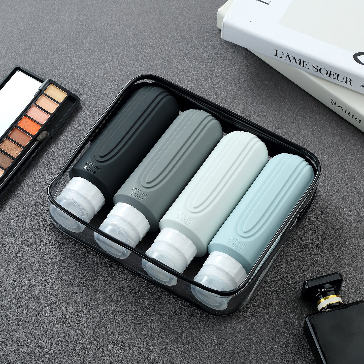 Micebay Leak-Proof 6-oz Silicone Squeezable Travel Bottles for Toiletries, Refillable Travel Size Containers, BPA Free, TSA Approved, Gray, 4 Pack