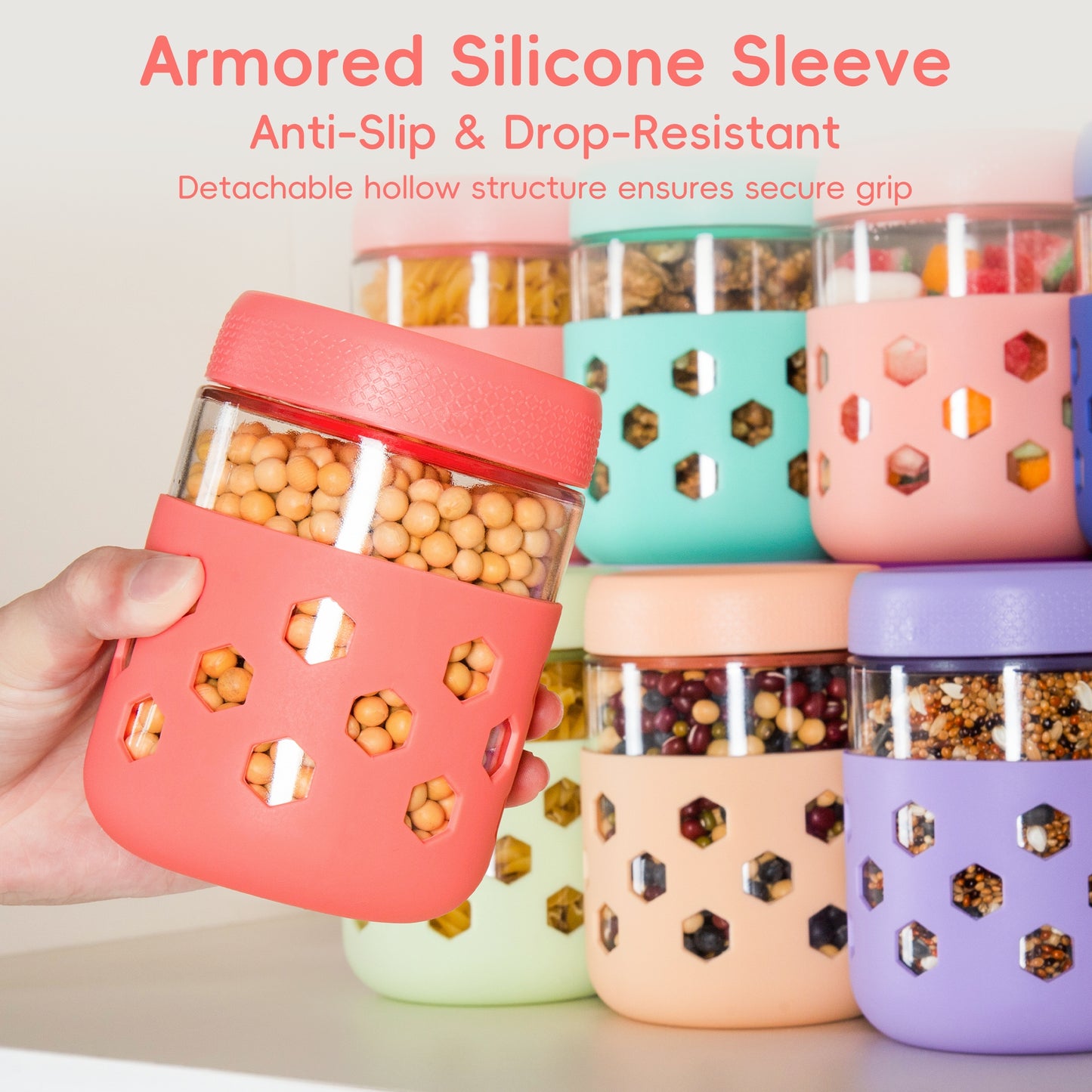 Micebay 6-Pack 16 oz Glass Mason Jars with Silicone Sleeves, Airtight BPA-Free Overnight Oats Containers with Lids, Dishwasher Safe Leak-Proof Meal Prep Jars for Chia Pudding, Yogurt, Snacks