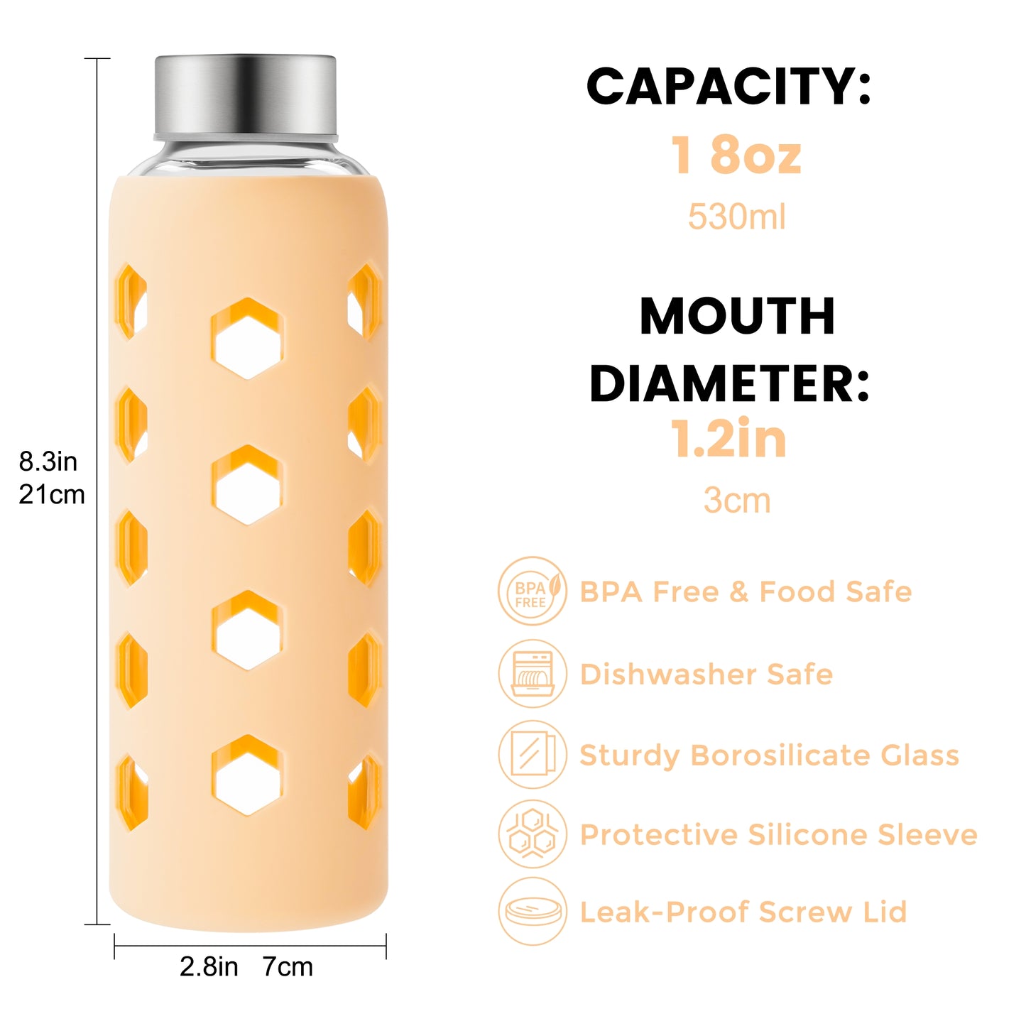 Micebay Glass Juice Bottles with Lids and Silicone Sleeves 18 oz, 4-Pack Reusable Clear Glass Water Bottles with Stainless Steel Airtight Cap for Juicing, Refrigerator, BPA Free Leak-Proof Drinking Jar