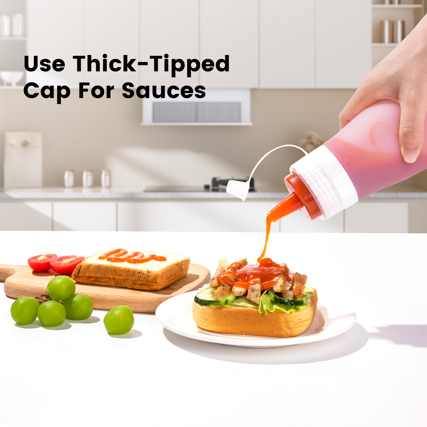 Micebay 16 oz Silicone Condiment Squeeze Bottles, Leak Proof, BPA Free, with Interchangeable Lids, Set of 4 for Oil, Honey, Dressing, Pink