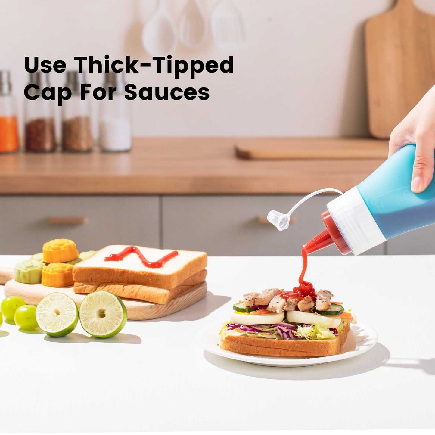 Micebay 16 oz Silicone Condiment Squeeze Bottles, Leak Proof, BPA Free, with Interchangeable Lids, Set of 4 for Oil, Honey, Dressing, Blue