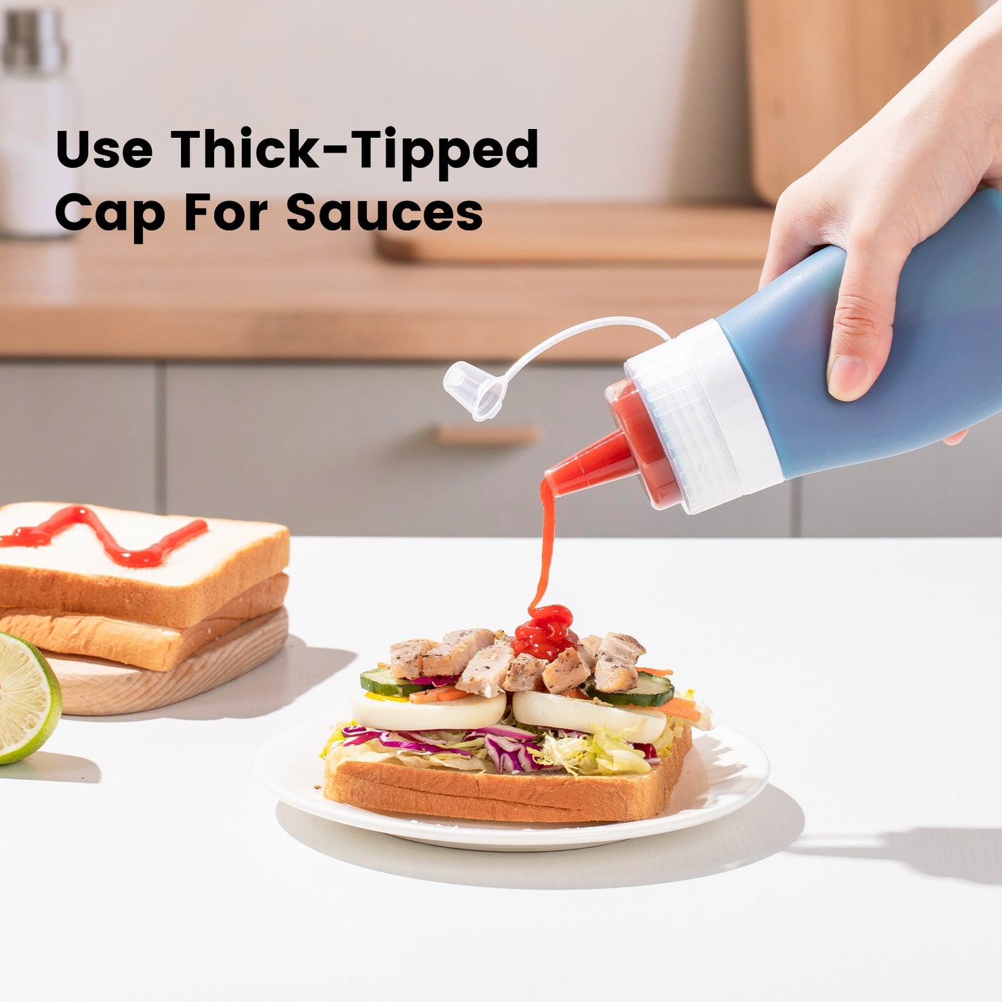 Micebay 12 oz Silicone Condiment Squeeze Bottles, Leak Proof, BPA Free, with Interchangeable Lids, Set of 4 for Oil, Honey, Dressing, Blue