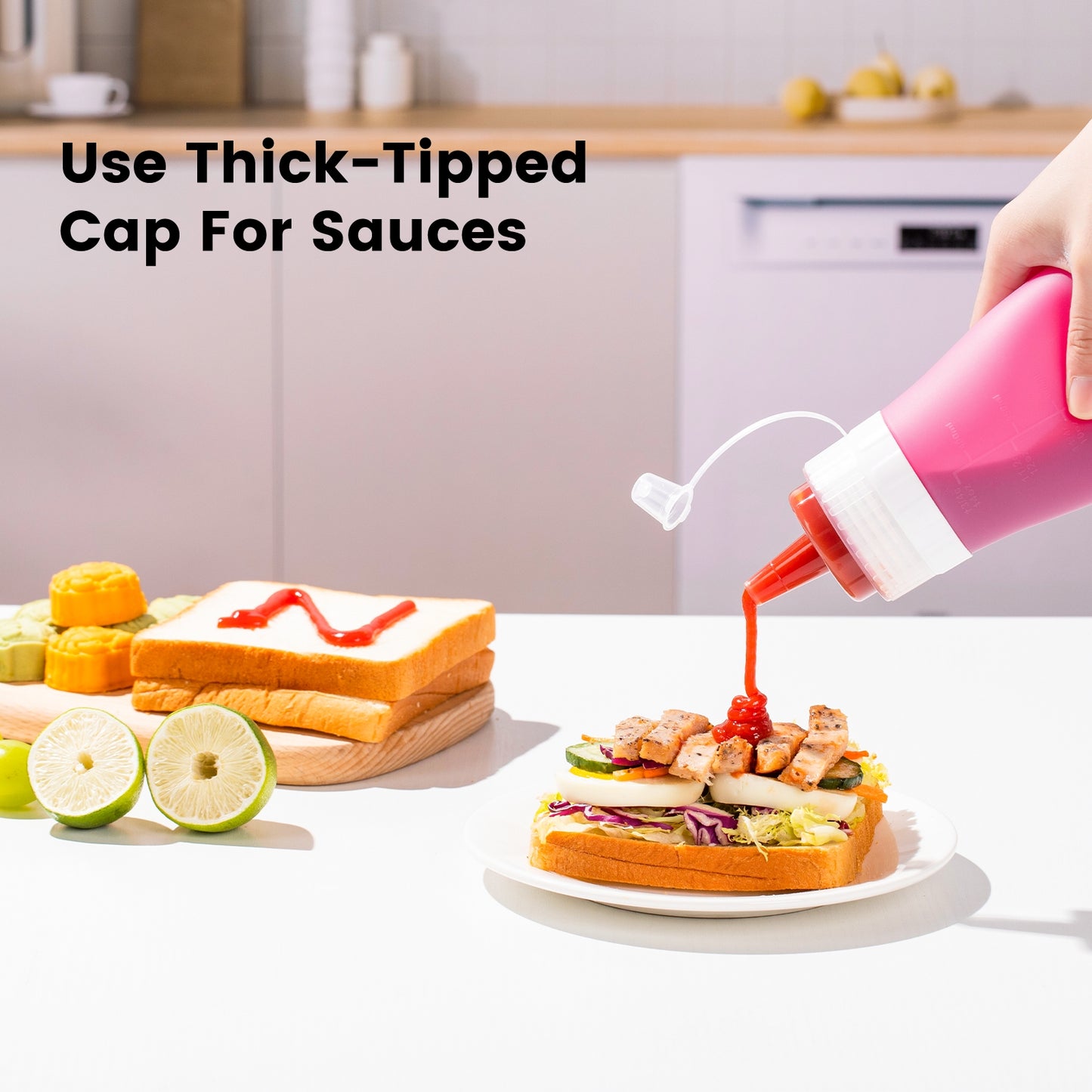 Micebay 16 oz Silicone Condiment Squeeze Bottles, Leak Proof, BPA Free, with Interchangeable Lids, Set of 4 for Oil, Honey, Dressing, Purple