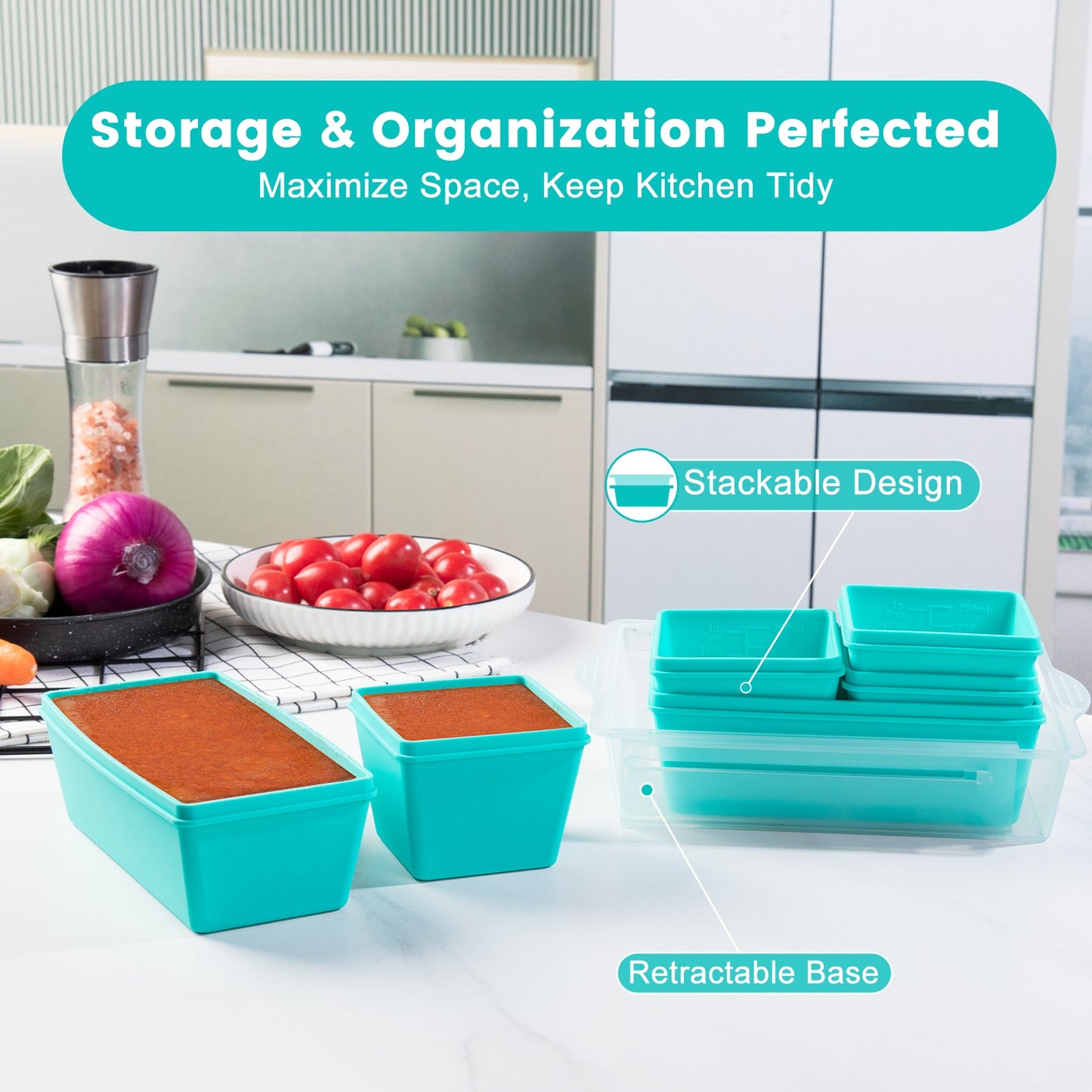 Micebay BPA-Free Silicone Freezer Molds with Retractable Base, Stackable Modular Organized, 1-Cup and 2-Cup Portion Control Soup Cubes Freezer Tray with Lids for Meal Prep, Broth, Stews, Leftovers