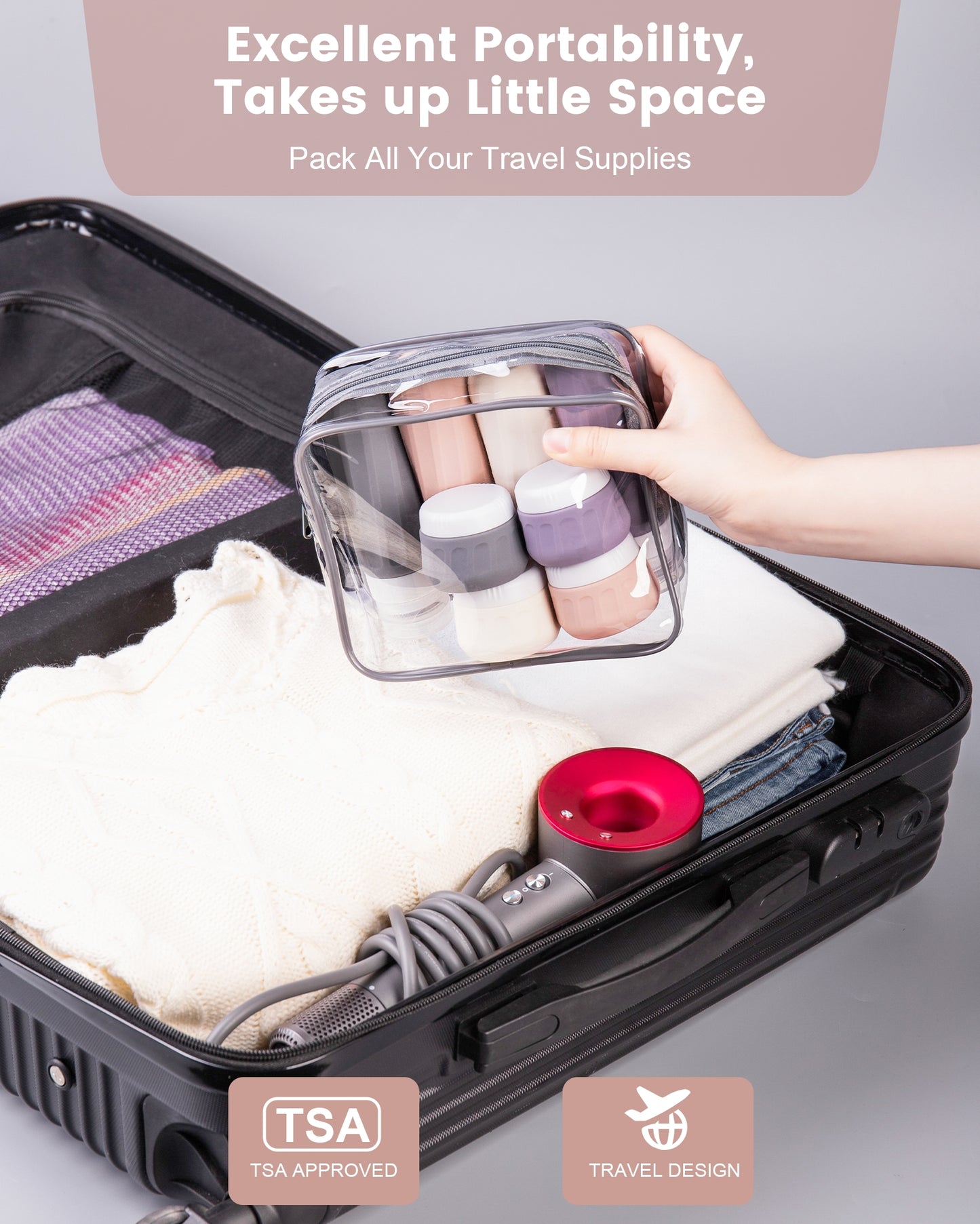 Micebay Travel Bottles for Toiletries 8 Pack, Travel Size Toiletries, Tsa Approved Travel Size Containers 3oz, with Travel Essentials Clear Bag, Leak Proof Silicone Squeezable Creams Jars