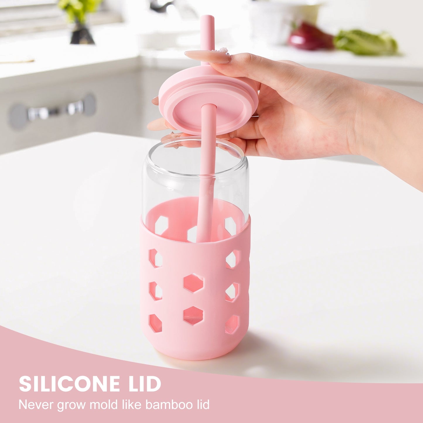 Micebay Glass Cups with Silicone Lids and Straws (4 Pcs), 16oz Drinking Glasses Set with Silicone Sleeves for Coffee Bar Accessories Iced Coffee Cups with Lids, Glass Tumbler Reusable for Gifts