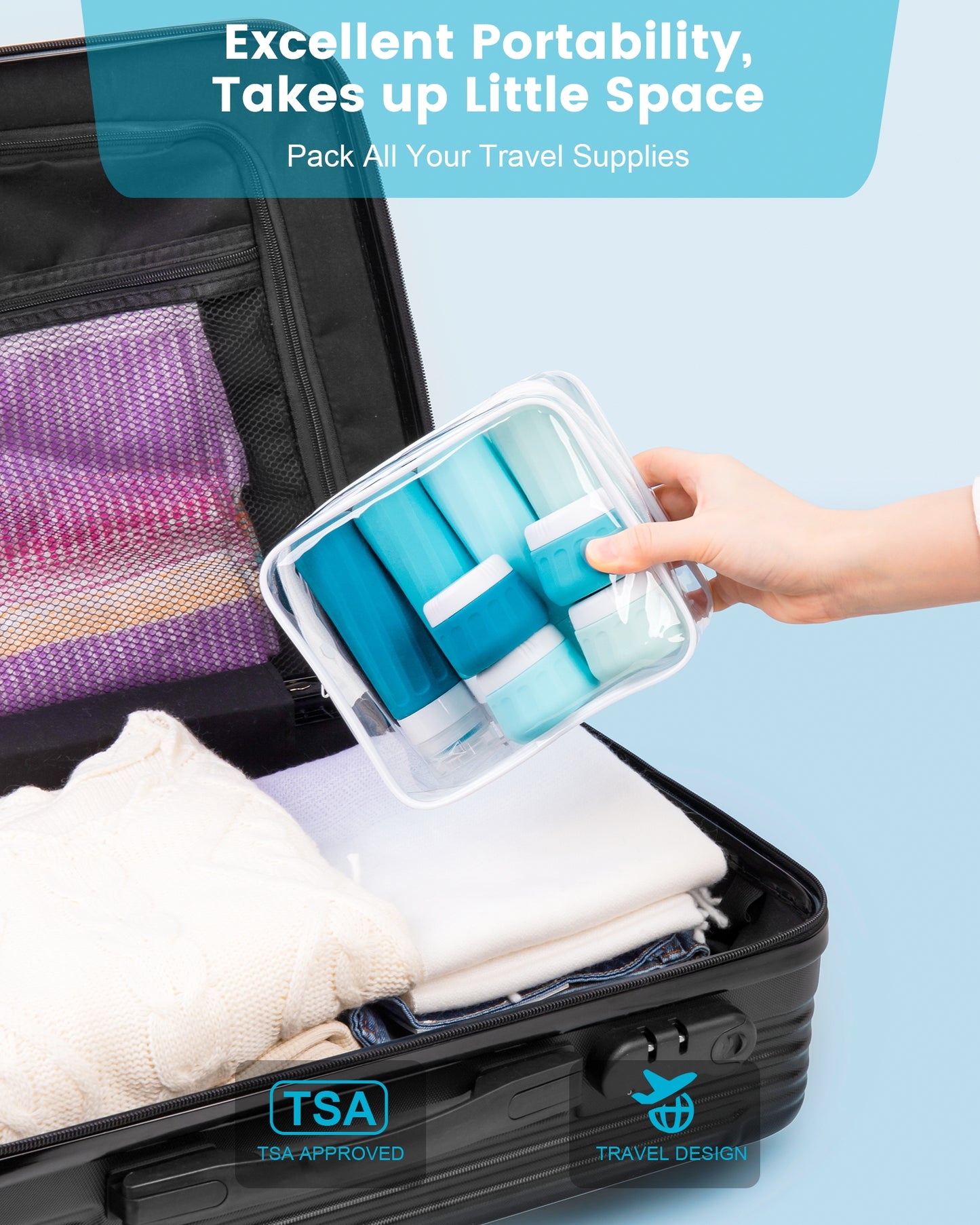 Micebay Travel Bottles for Toiletries 8 Pack, Travel Size Toiletries, Tsa Approved Travel Size Containers 3oz, with Travel Essentials Clear Bag, Leak Proof Silicone Squeezable Creams Jars