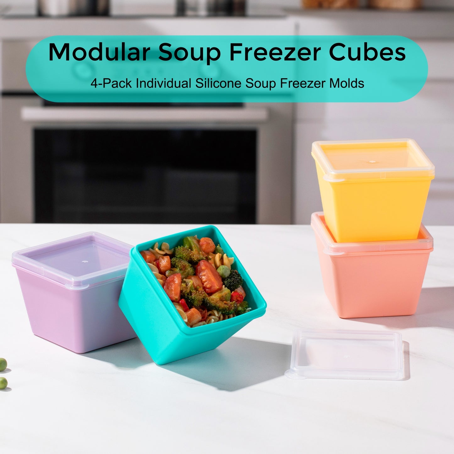 Micebay 1-Cup Silicone Freezer Molds with Lids, Individual 4-Pack Portion Soup Cubes Freezer Trays for Food Storage, Oven & Dishwasher Safe, BPA-Free, Silicone Freezer Containers for Meal Prep