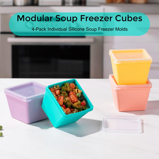 Micebay 1-Cup Silicone Freezer Molds with Lids, Individual 4-Pack Portion Soup Cubes Freezer Trays for Food Storage, Oven & Dishwasher Safe, BPA-Free, Silicone Freezer Containers for Meal Prep