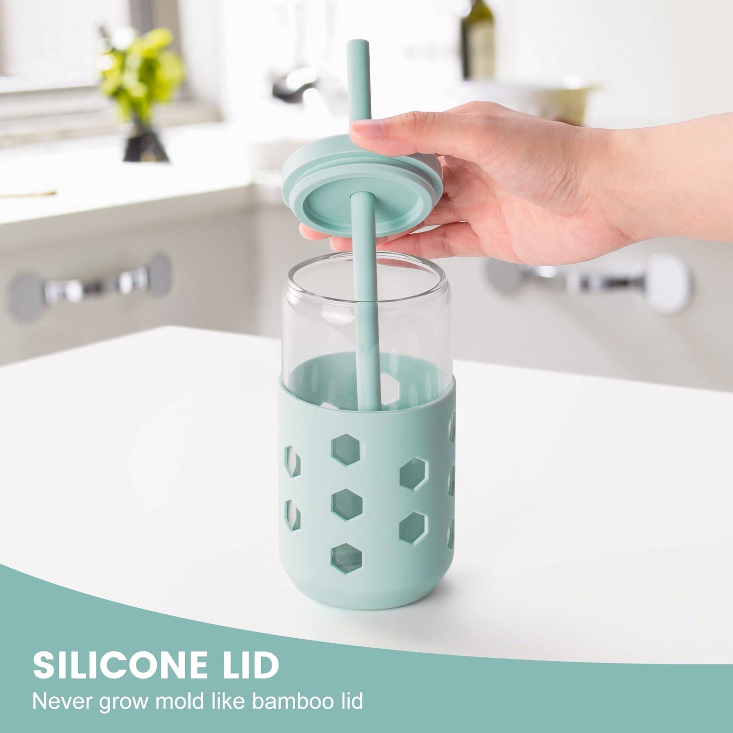 Micebay Glass Cups with Silicone Lids and Straws (4 Pcs), 16oz Drinking Glasses Set with Silicone Sleeves for Coffee Bar Accessories Iced Coffee Cups with Lids, Glass Tumbler Reusable for Gifts