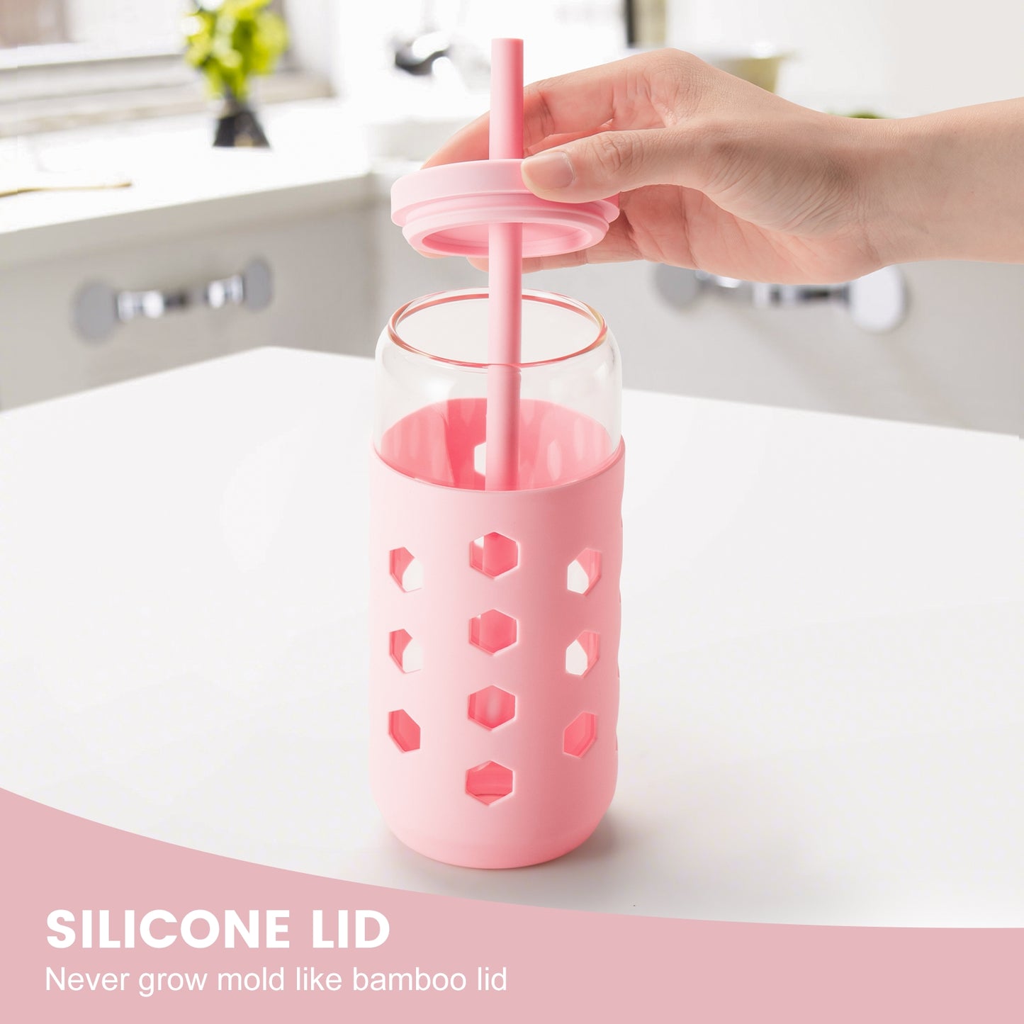 Micebay 20 oz Glass Cups With Lids and Straws, 4-Pack Iced Coffee Cup - Smoothie Cup With Silicone Lid and Sleeve for Coffee Bar Accessory, Cute Drinking Glasses Set Reusable Glass Tumbler for Gifts