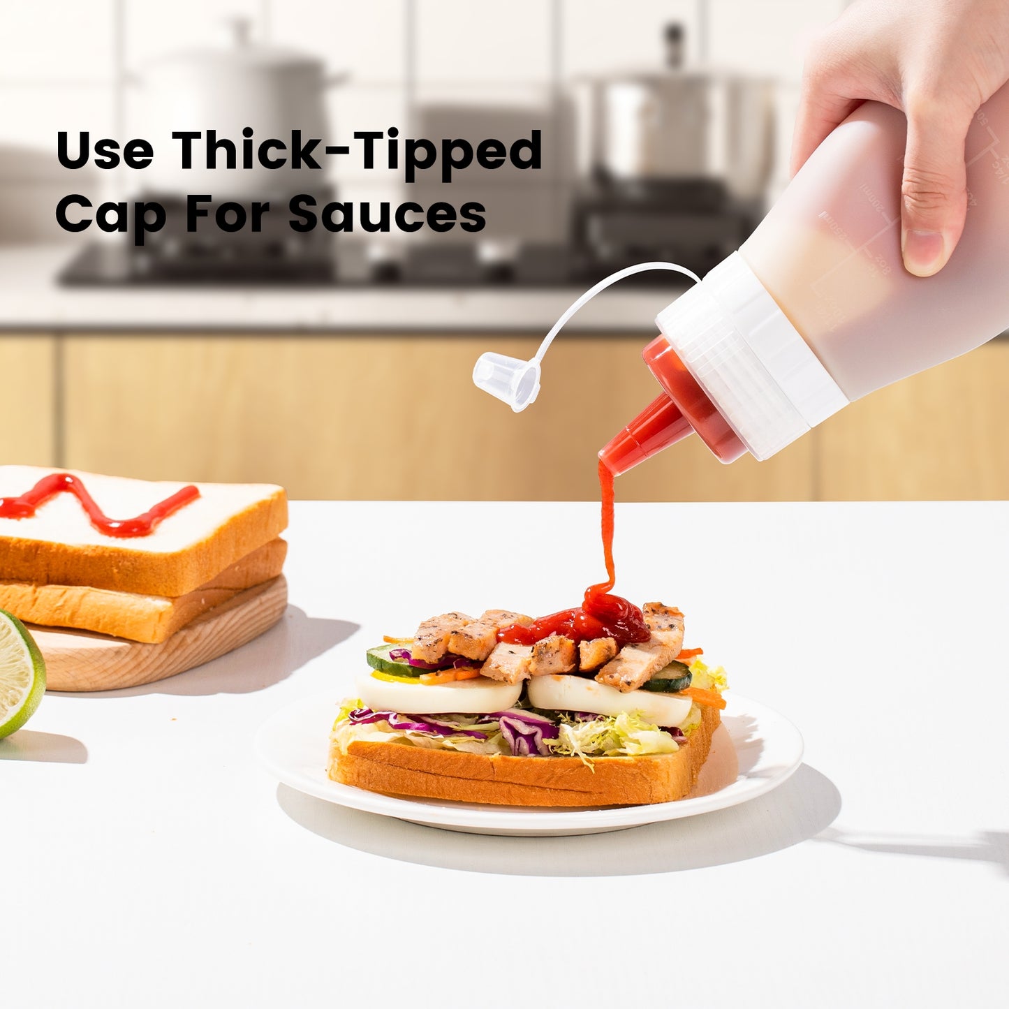 Micebay 12 oz Silicone Condiment Squeeze Bottles, Leak Proof, BPA Free, with Interchangeable Lids, Set of 4 for Oil, Honey, Dressing, Cream