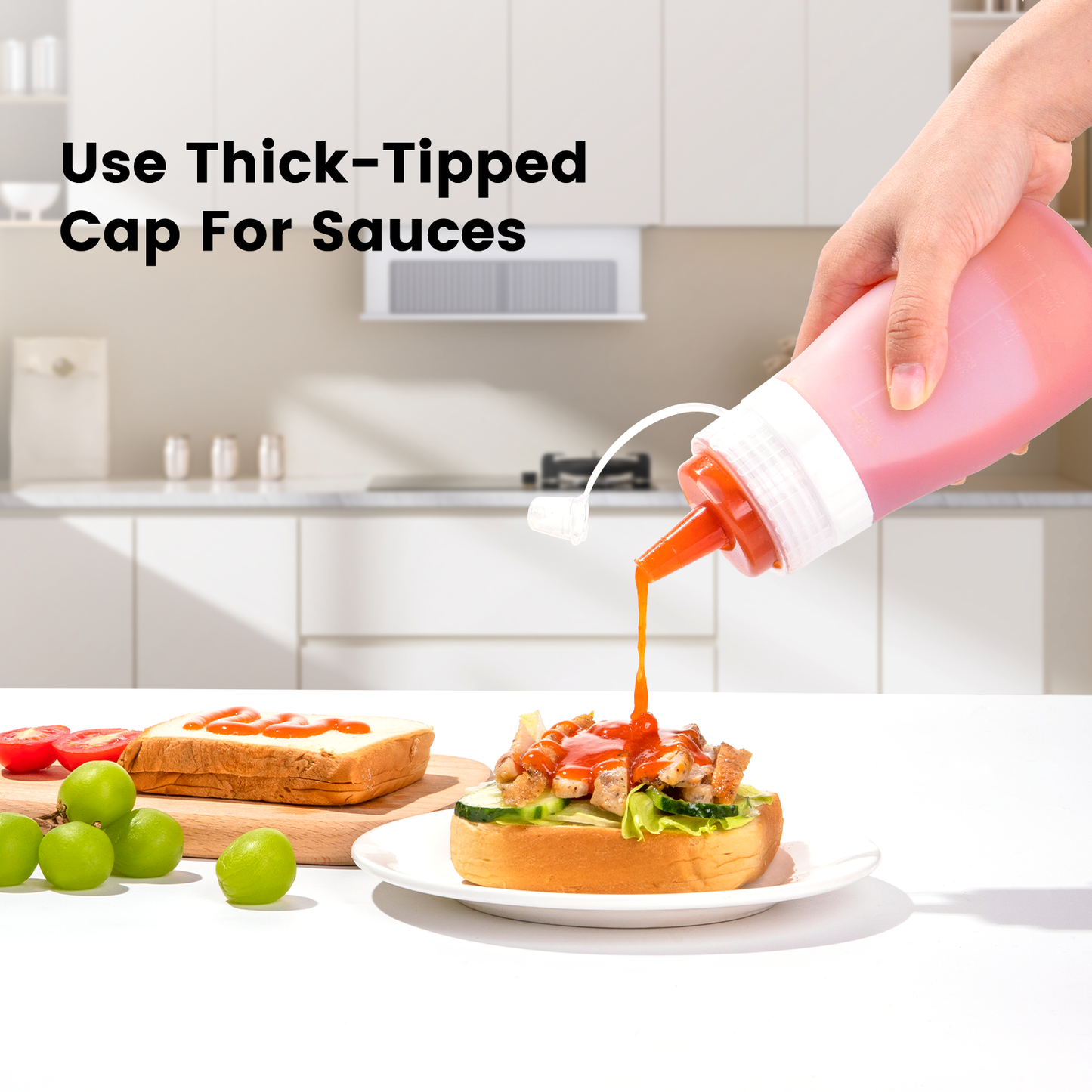 Micebay 12 oz Silicone Condiment Squeeze Bottles, Leak Proof, BPA Free, with Interchangeable Lids, Set of 4 for Oil, Honey, Dressing, Pink