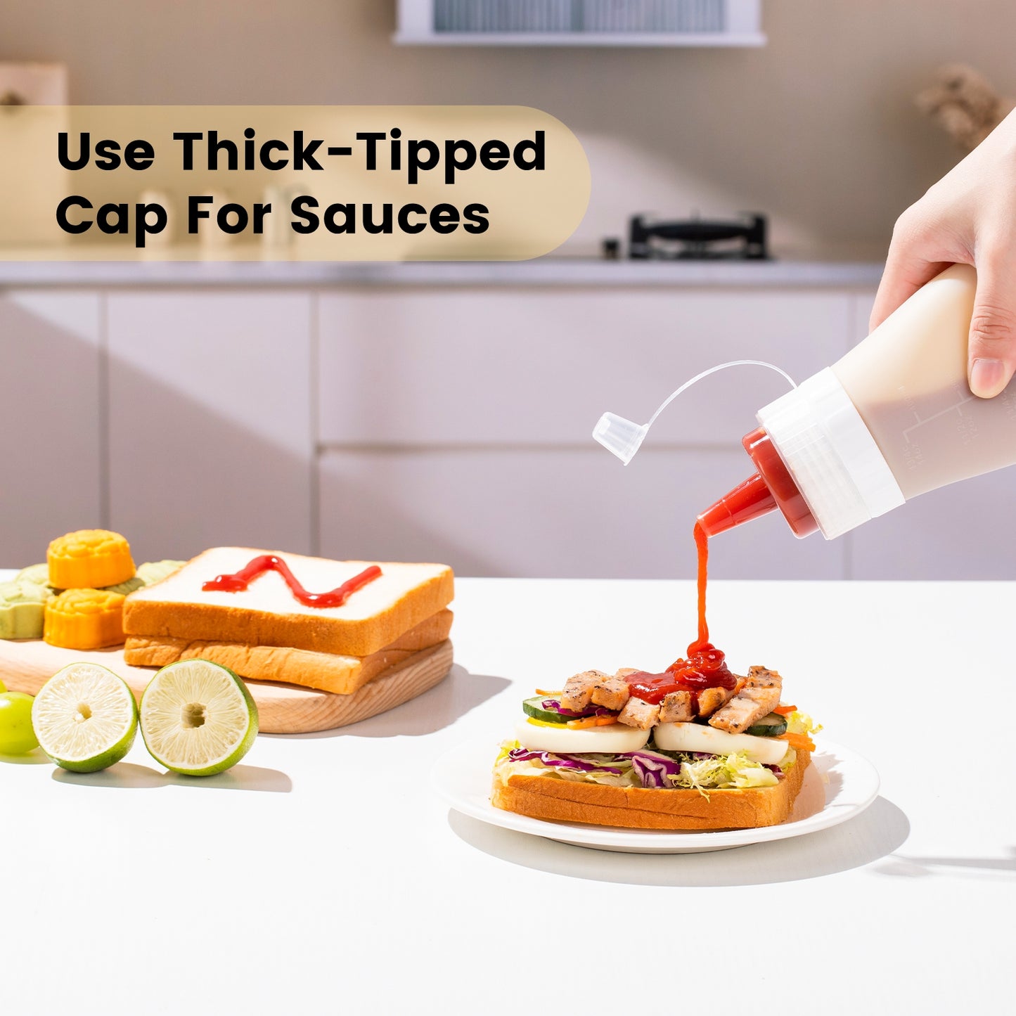 Micebay 16 oz Silicone Condiment Squeeze Bottles, Leak Proof, BPA Free, with Interchangeable Lids, Set of 4 for Oil, Honey, Dressing, Cream