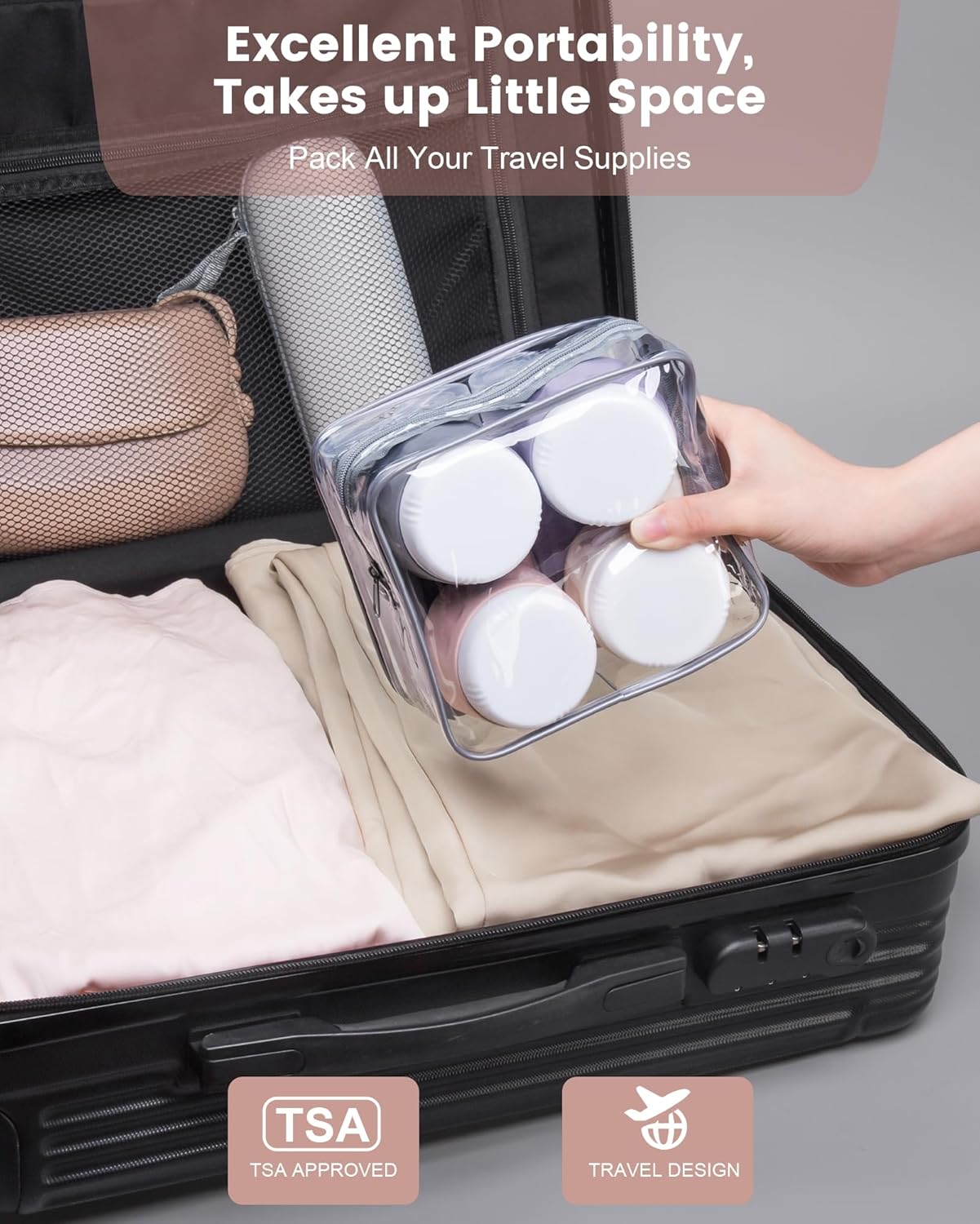 Micebay Travel Bottles for Toiletries 8 Pack, Travel Size Toiletries, Tsa Approved Travel Size Containers 3oz, with Travel Essentials Clear Bag, Leak Proof Silicone Squeezable Creams Jars