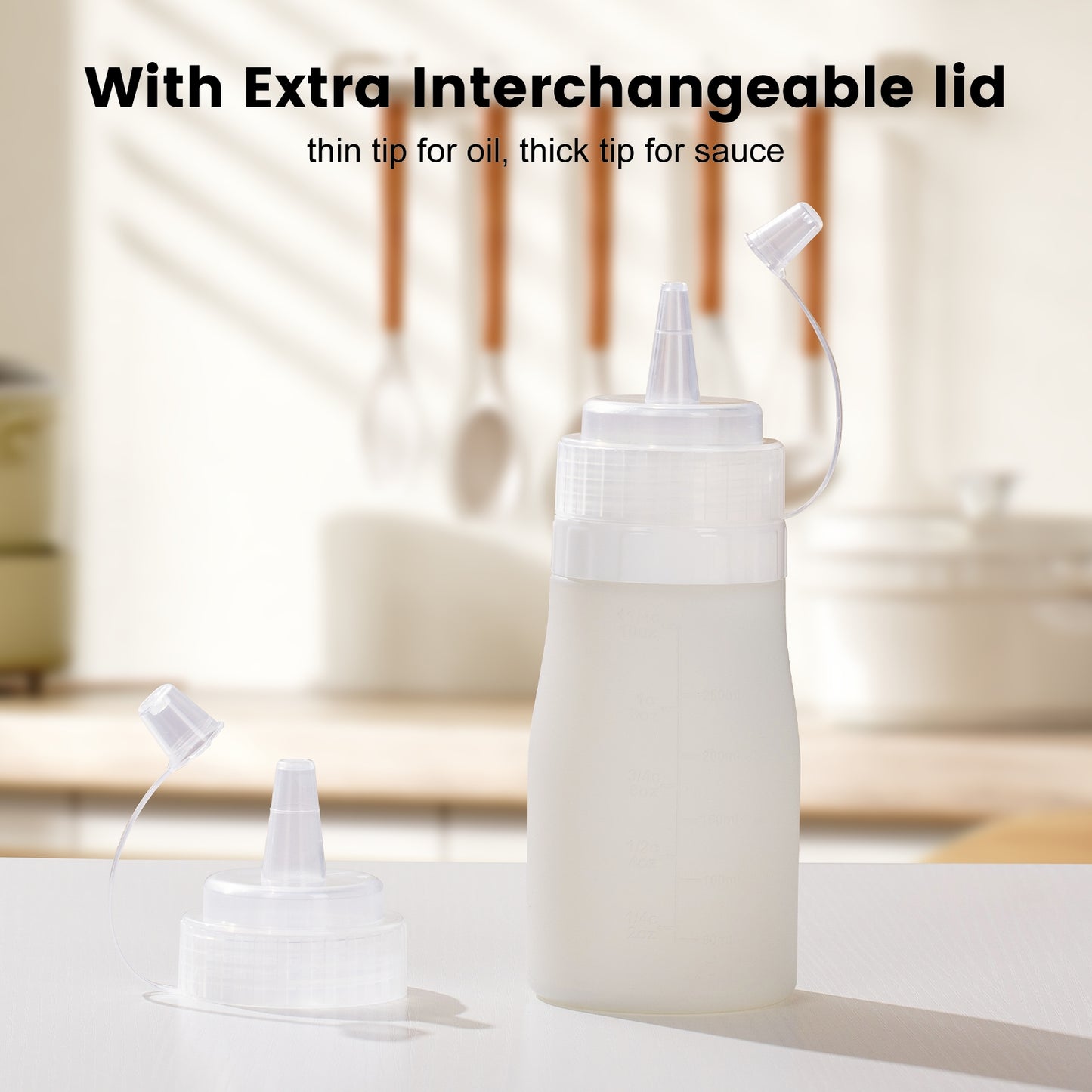 Micebay 12 oz Silicone Condiment Squeeze Bottles, Leak Proof, BPA Free, with Interchangeable Lids, Set of 4 for Oil, Honey, Dressing, Grey