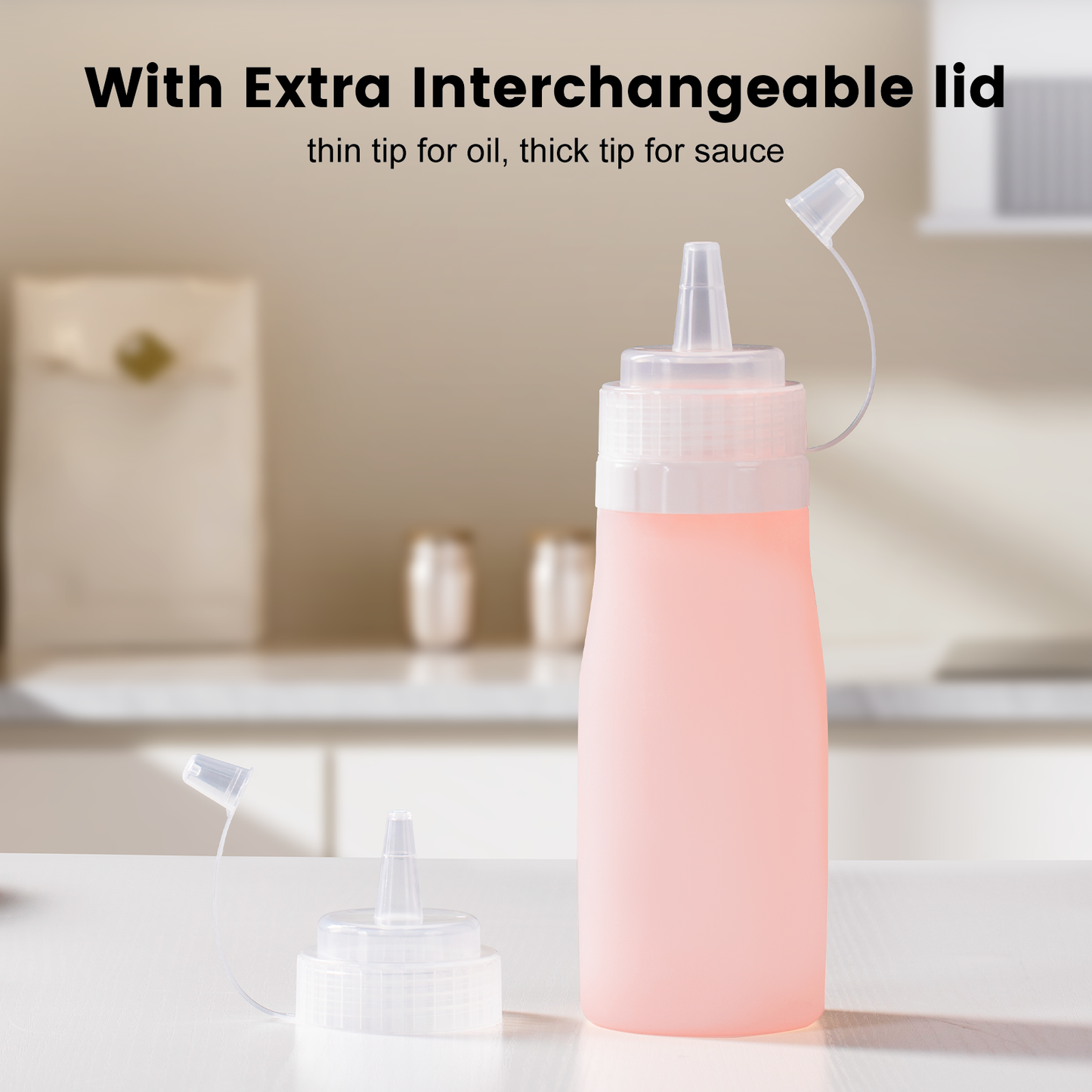 Micebay 16 oz Silicone Condiment Squeeze Bottles, Leak Proof, BPA Free, with Interchangeable Lids, Set of 4 for Oil, Honey, Dressing, Pink