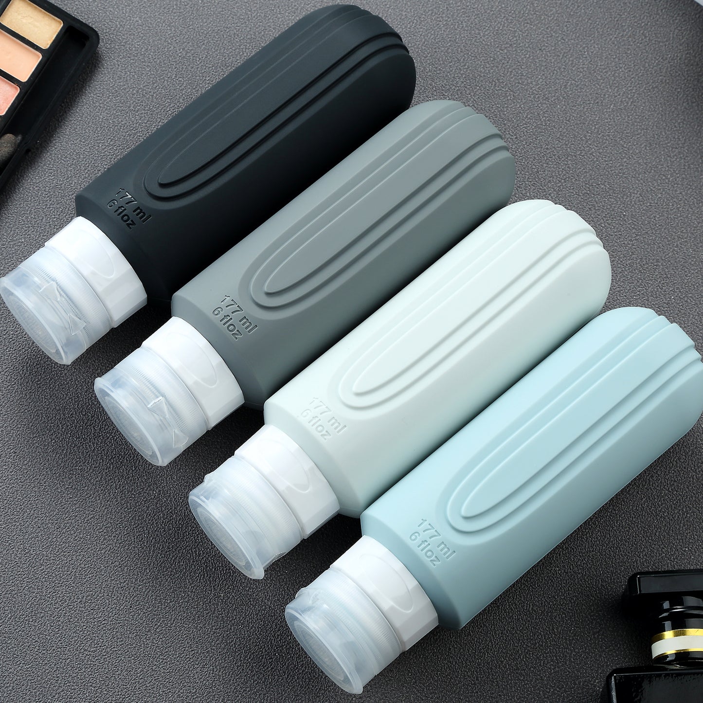 Micebay Leak-Proof 6-oz Silicone Squeezable Travel Bottles for Toiletries, Refillable Travel Size Containers, BPA Free, TSA Approved, Gray, 4 Pack