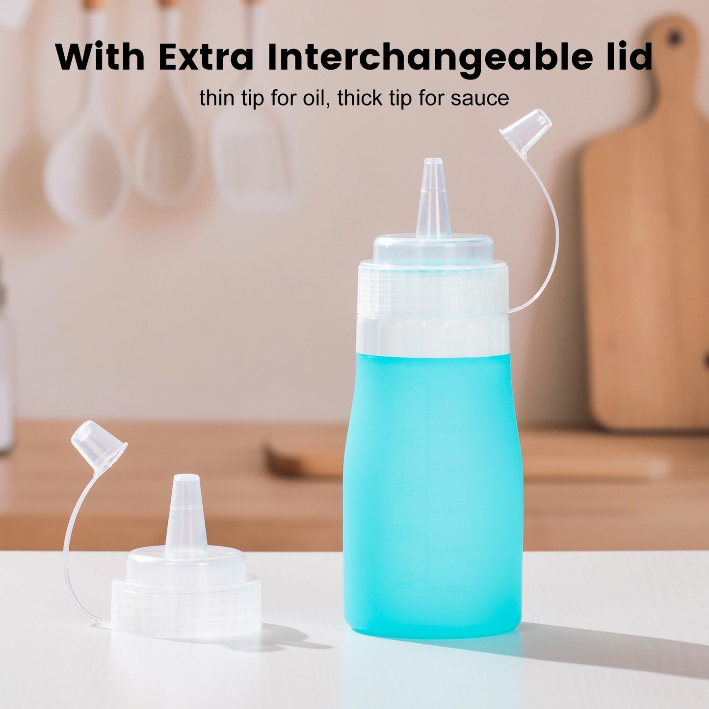 Micebay 12 oz Silicone Condiment Squeeze Bottles, Leak Proof, BPA Free, with Interchangeable Lids, Set of 4 for Oil, Honey, Dressing, Blue